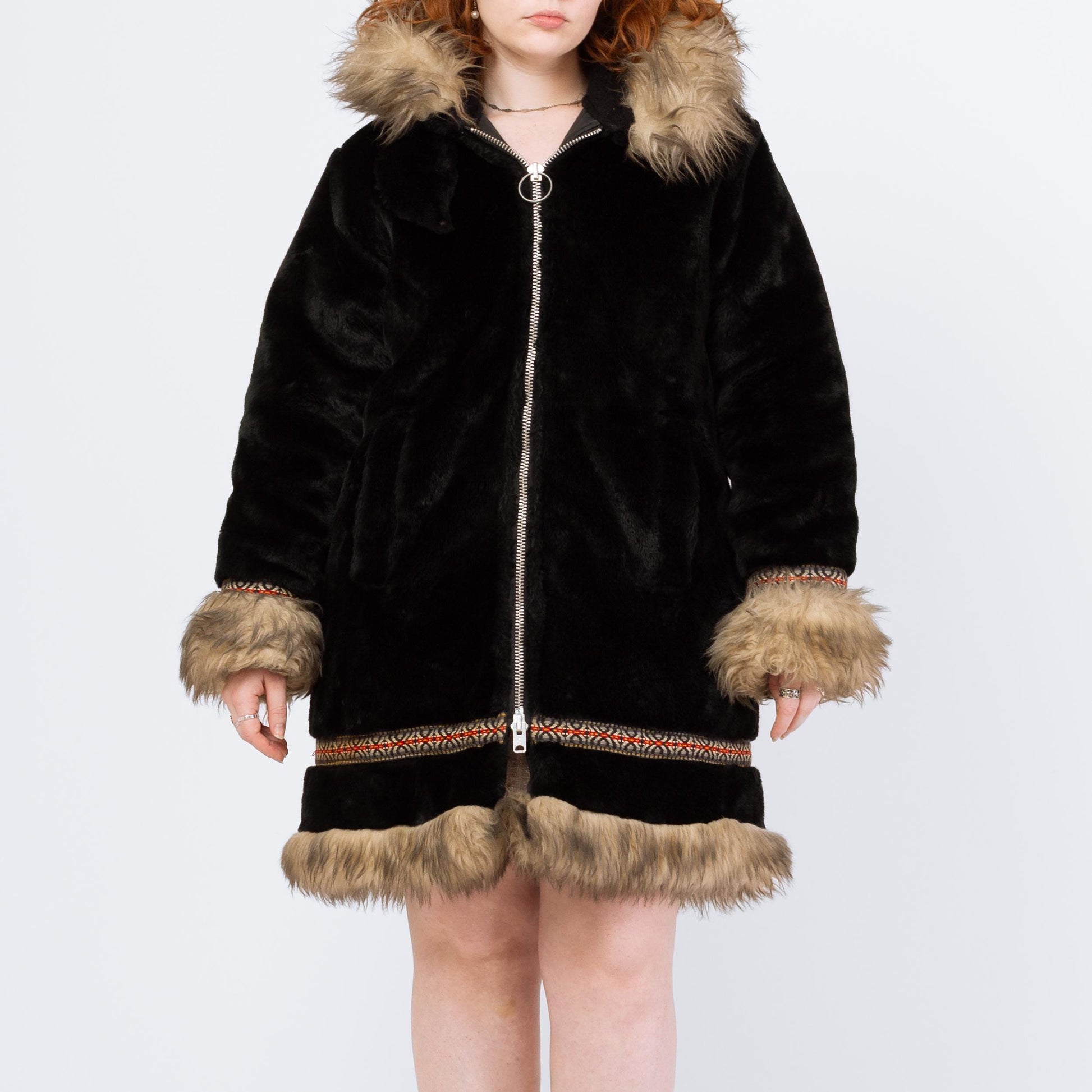 Vintage 70s Stearns Black Plush Shearling Trim Coat - Medium | Boho Zip Up Hooded Parka Jacket