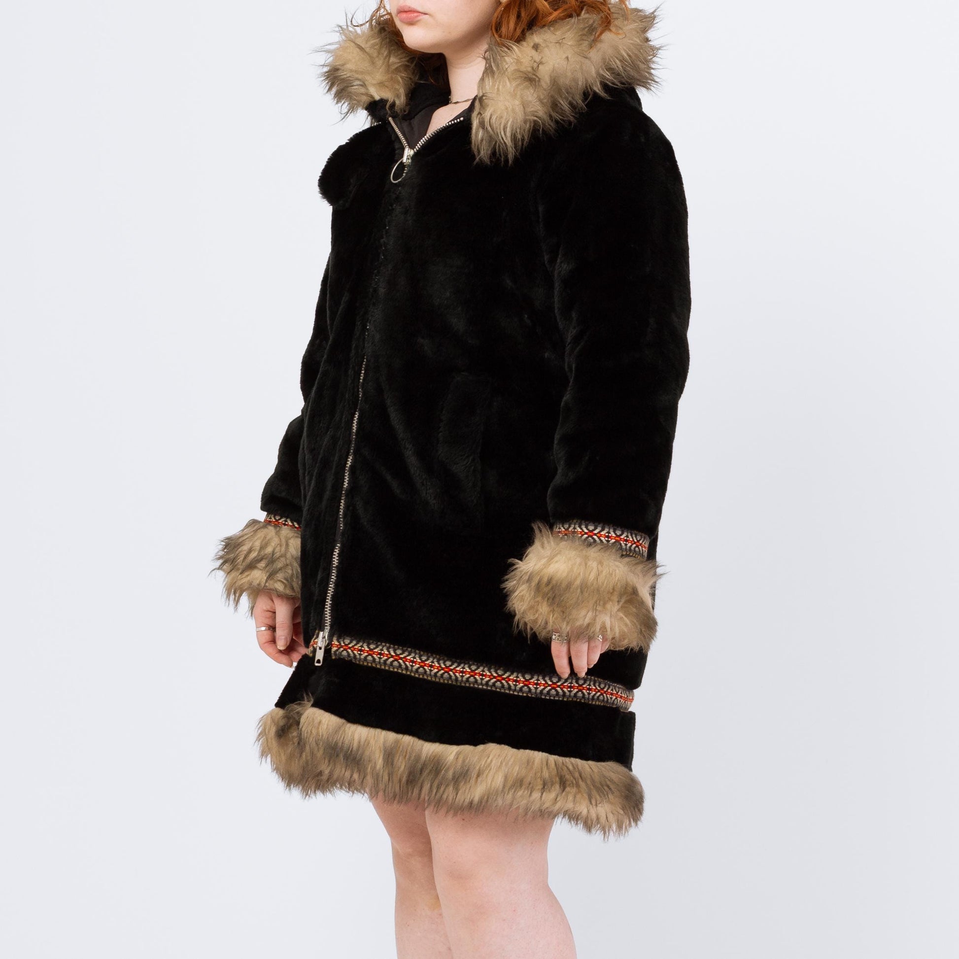 Vintage 70s Stearns Black Plush Shearling Trim Coat - Medium | Boho Zip Up Hooded Parka Jacket