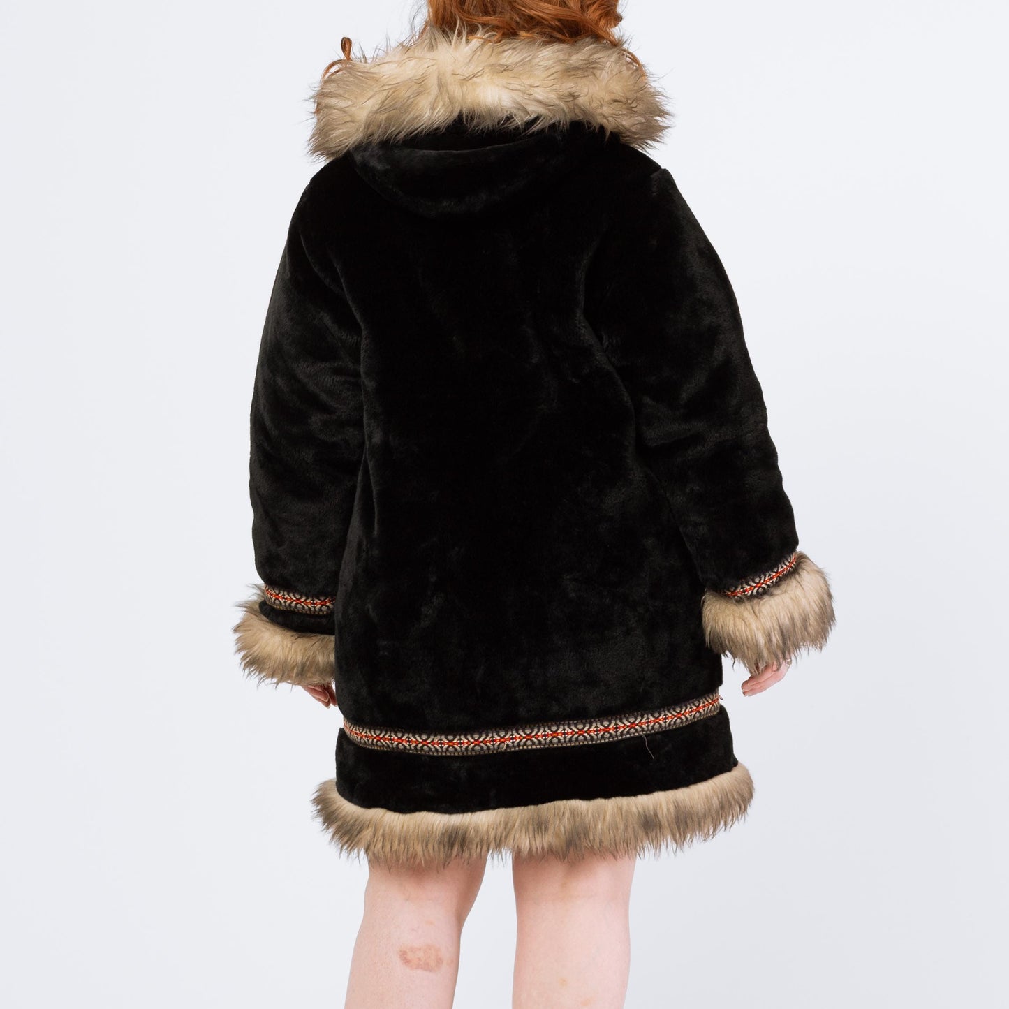 Vintage 70s Stearns Black Plush Shearling Trim Coat - Medium | Boho Zip Up Hooded Parka Jacket