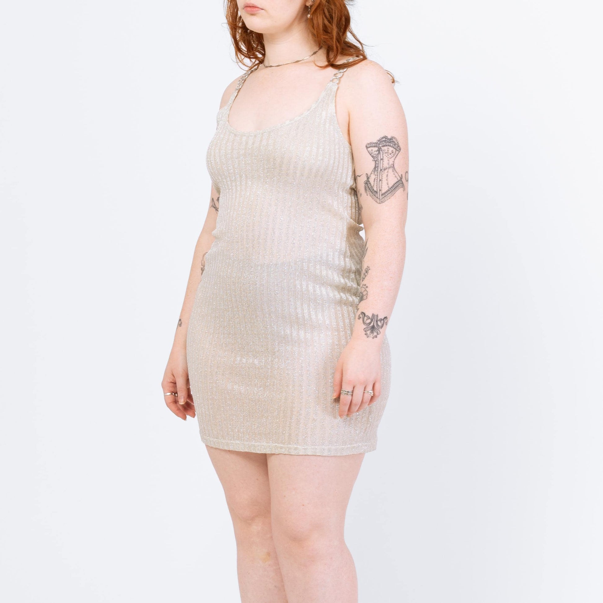 Vintage 90s Silver Lurex Chain Strap Mini Dress - Medium to Large | Sheer Metallic Spaghetti Strap Fitted Disco Party Dress