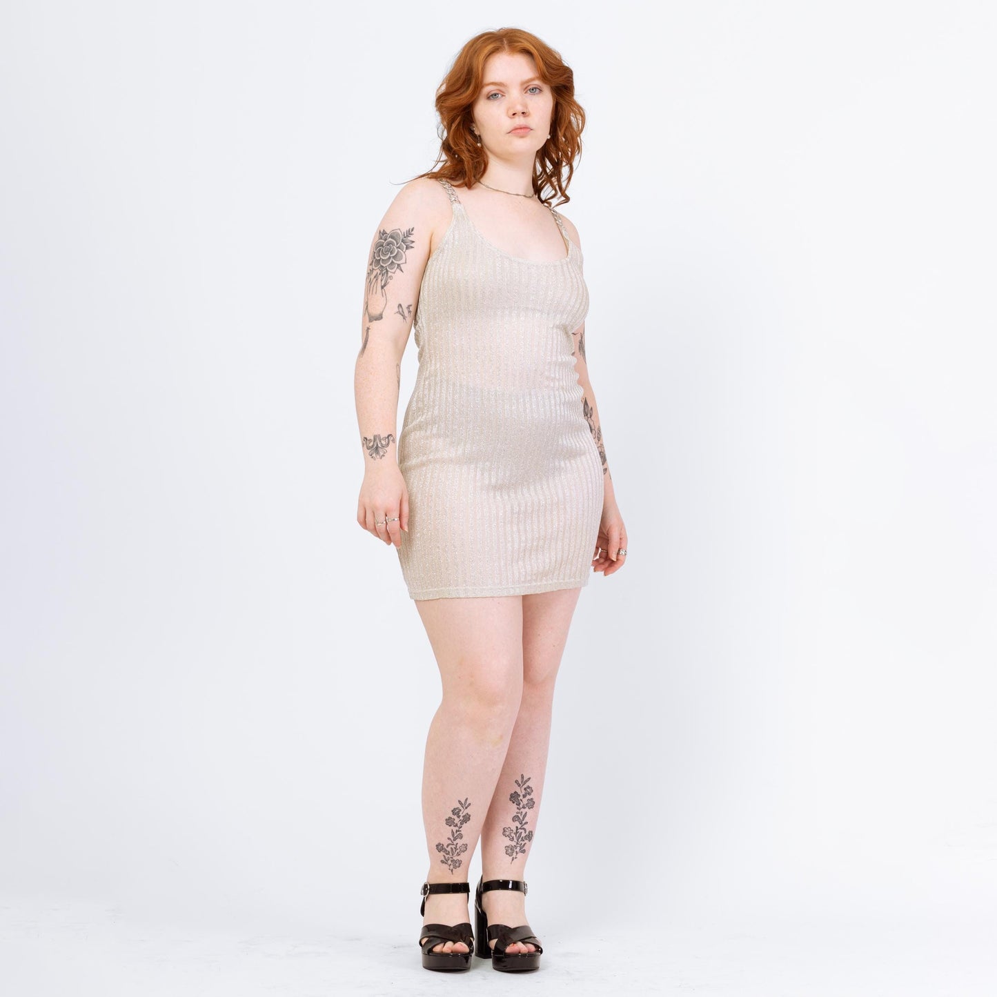 Vintage 90s Silver Lurex Chain Strap Mini Dress - Medium to Large | Sheer Metallic Spaghetti Strap Fitted Disco Party Dress