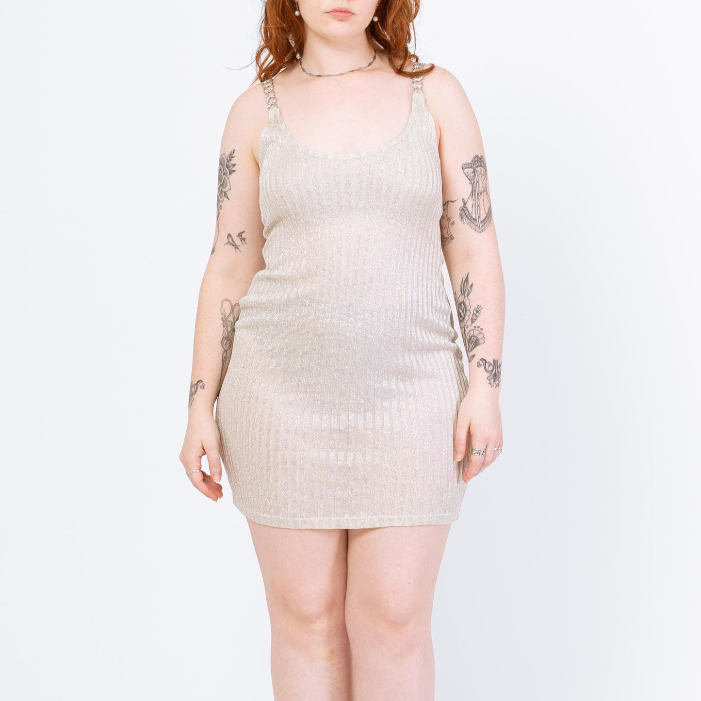 Vintage 90s Silver Lurex Chain Strap Mini Dress - Medium to Large | Sheer Metallic Spaghetti Strap Fitted Disco Party Dress
