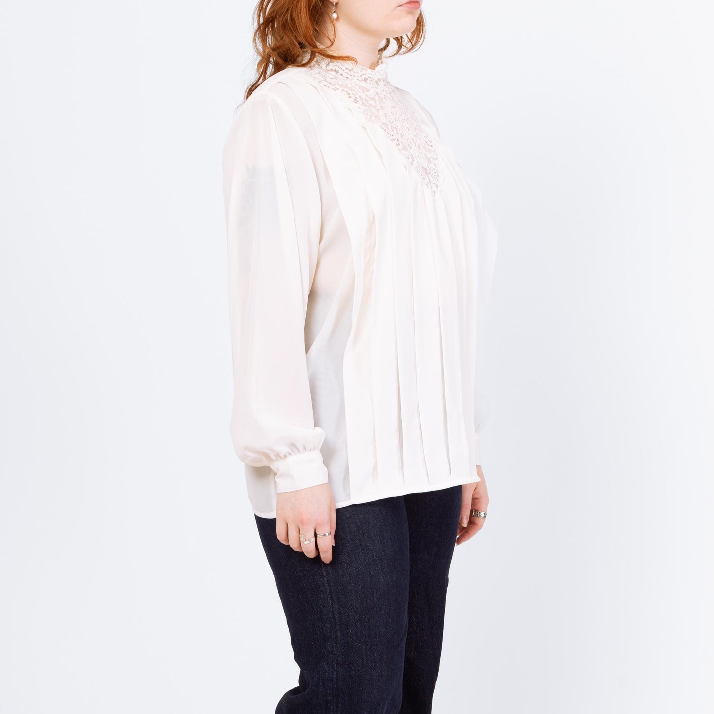 Vintage 80s Does Victorian Ivory Lace Trim Blouse - Extra Large | Long Sleeve Boho High Collar Top