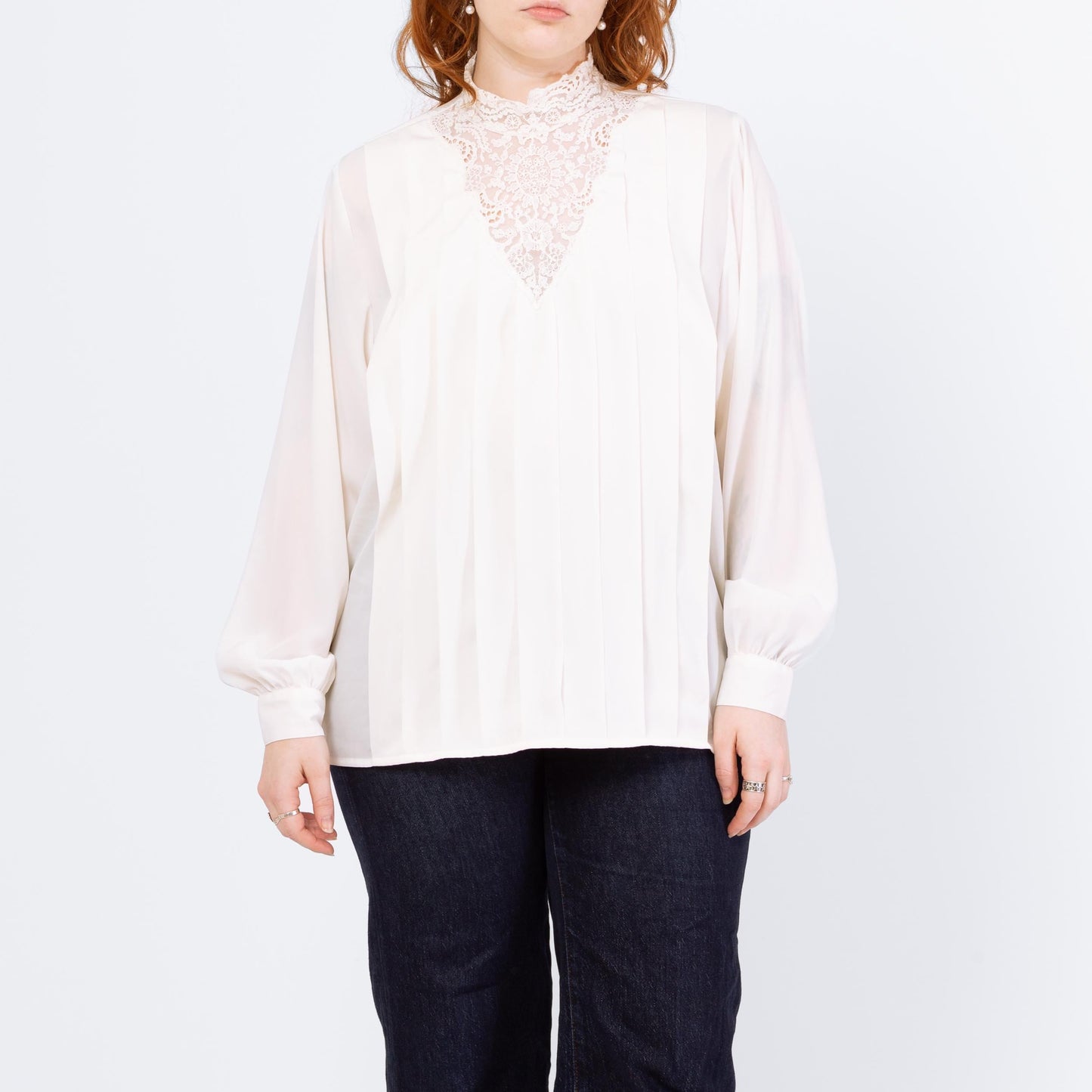 Vintage 80s Does Victorian Ivory Lace Trim Blouse - Extra Large | Long Sleeve Boho High Collar Top