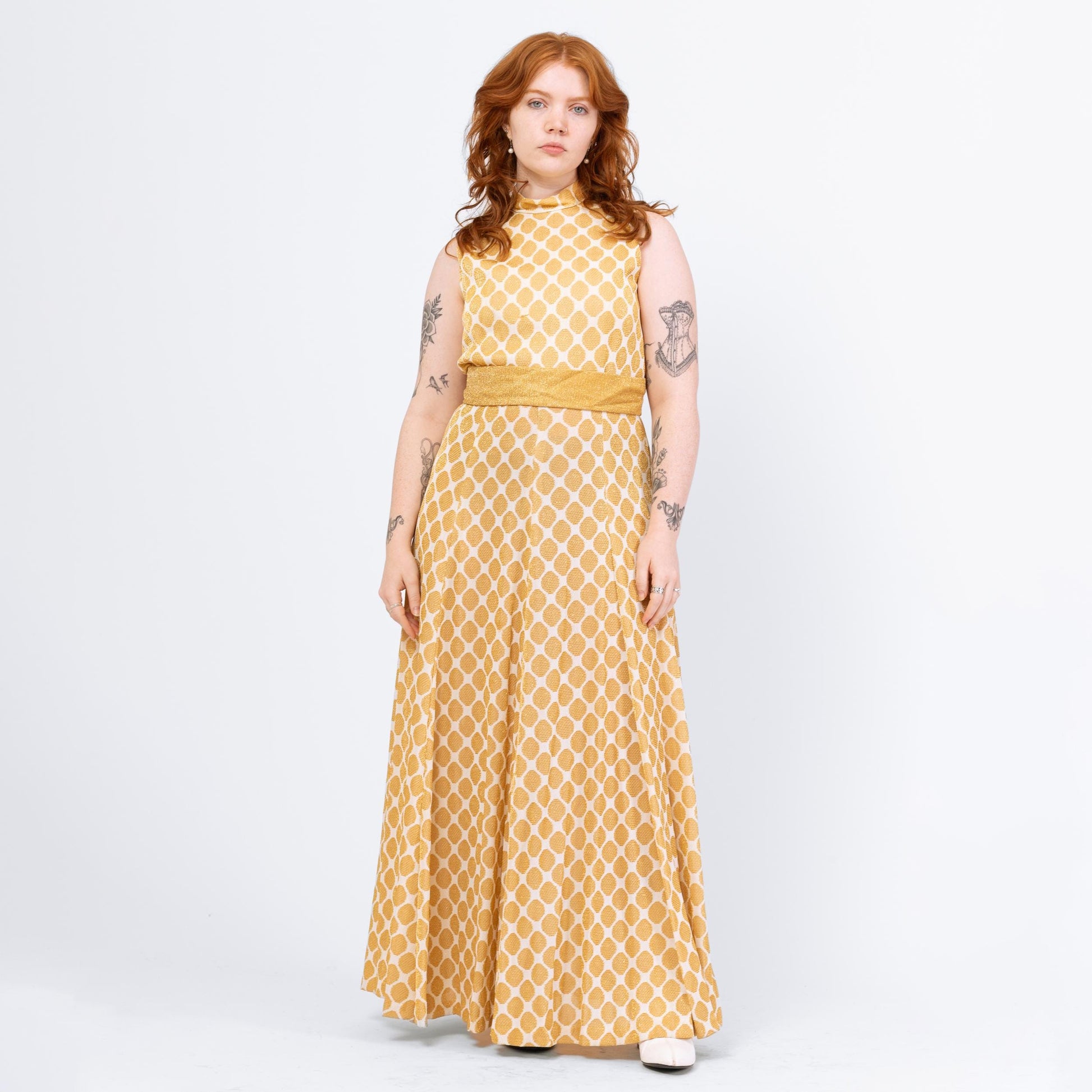 Vintage 70s Gold Honeycomb Lurex Knit Maxi Dress - Large | Futura Couture Sleeveless Metallic Formal Disco Gown