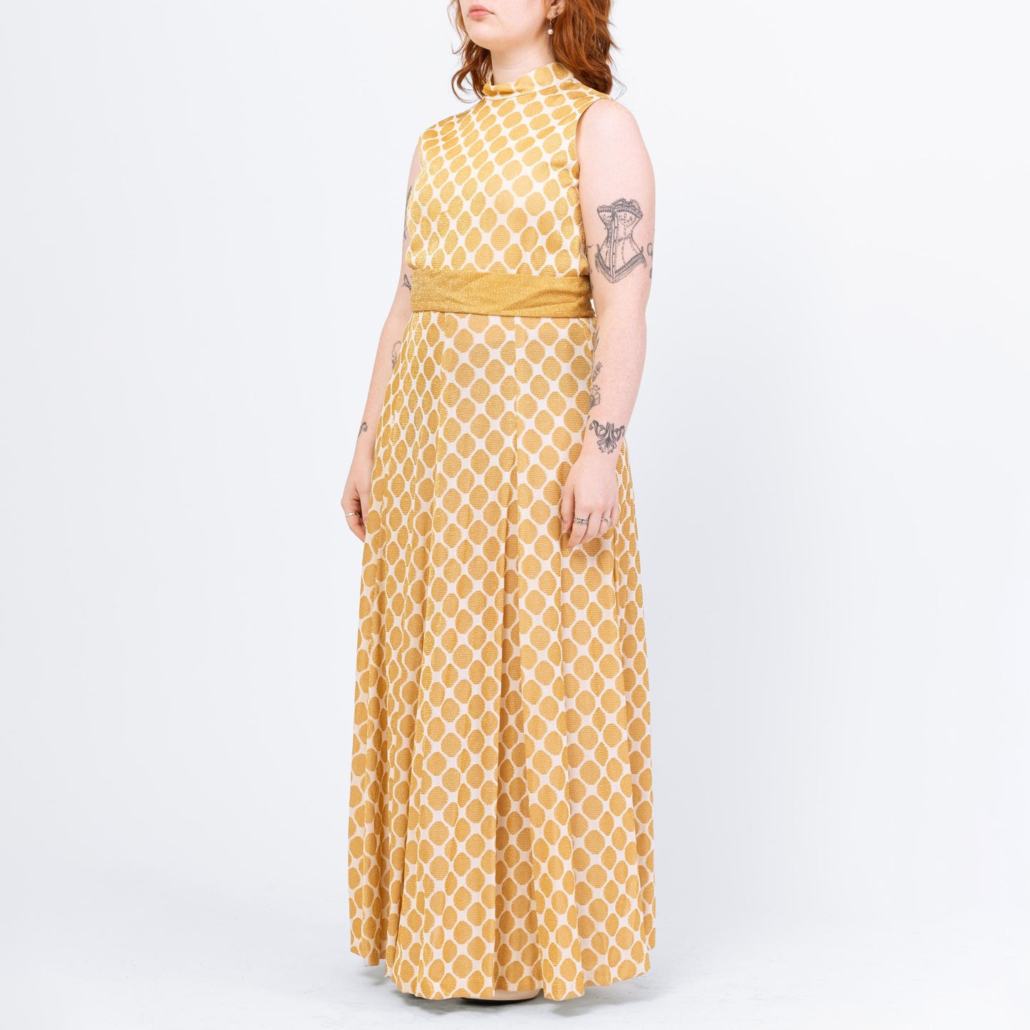 Vintage 70s Gold Honeycomb Lurex Knit Maxi Dress - Large | Futura Couture Sleeveless Metallic Formal Disco Gown