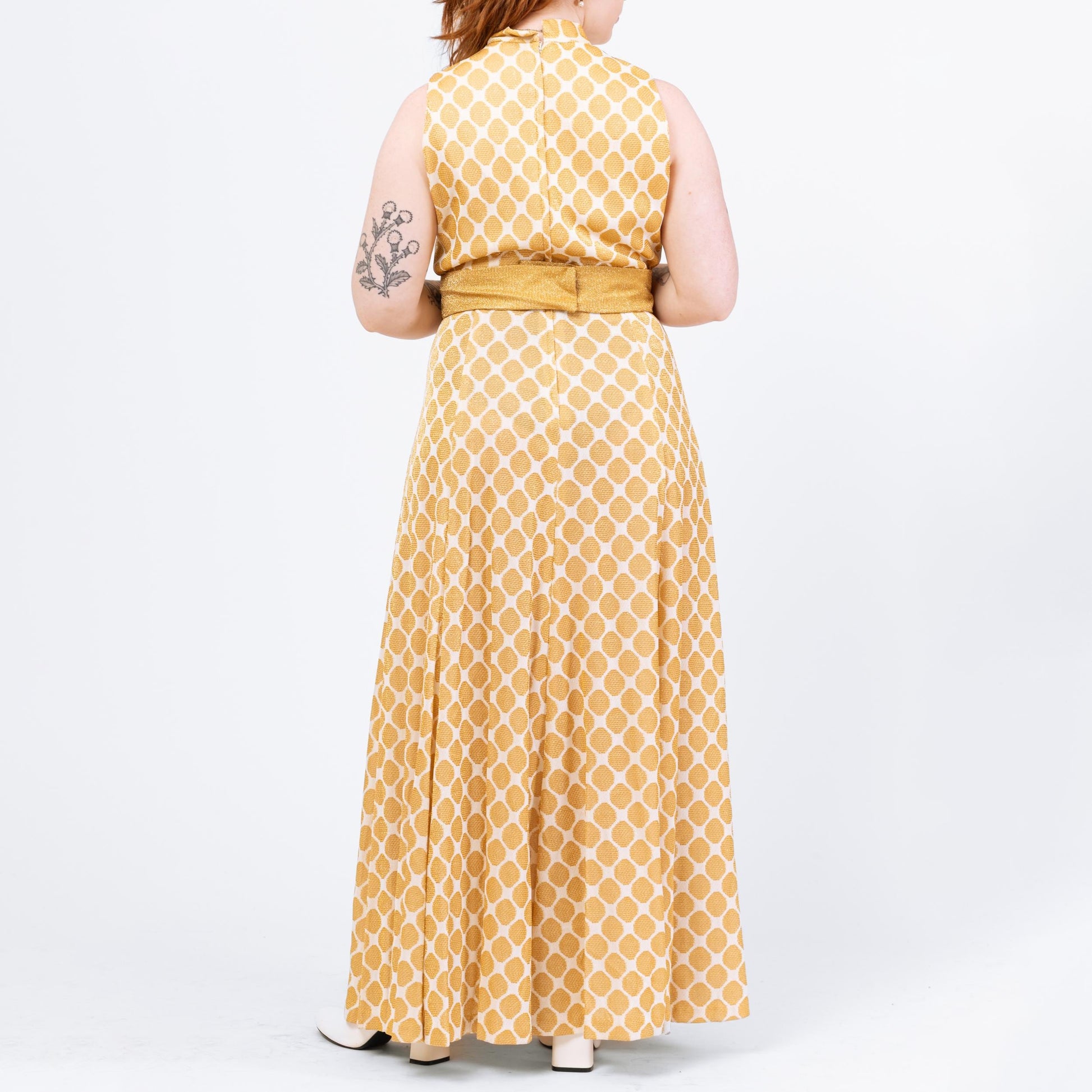 Vintage 70s Gold Honeycomb Lurex Knit Maxi Dress - Large | Futura Couture Sleeveless Metallic Formal Disco Gown