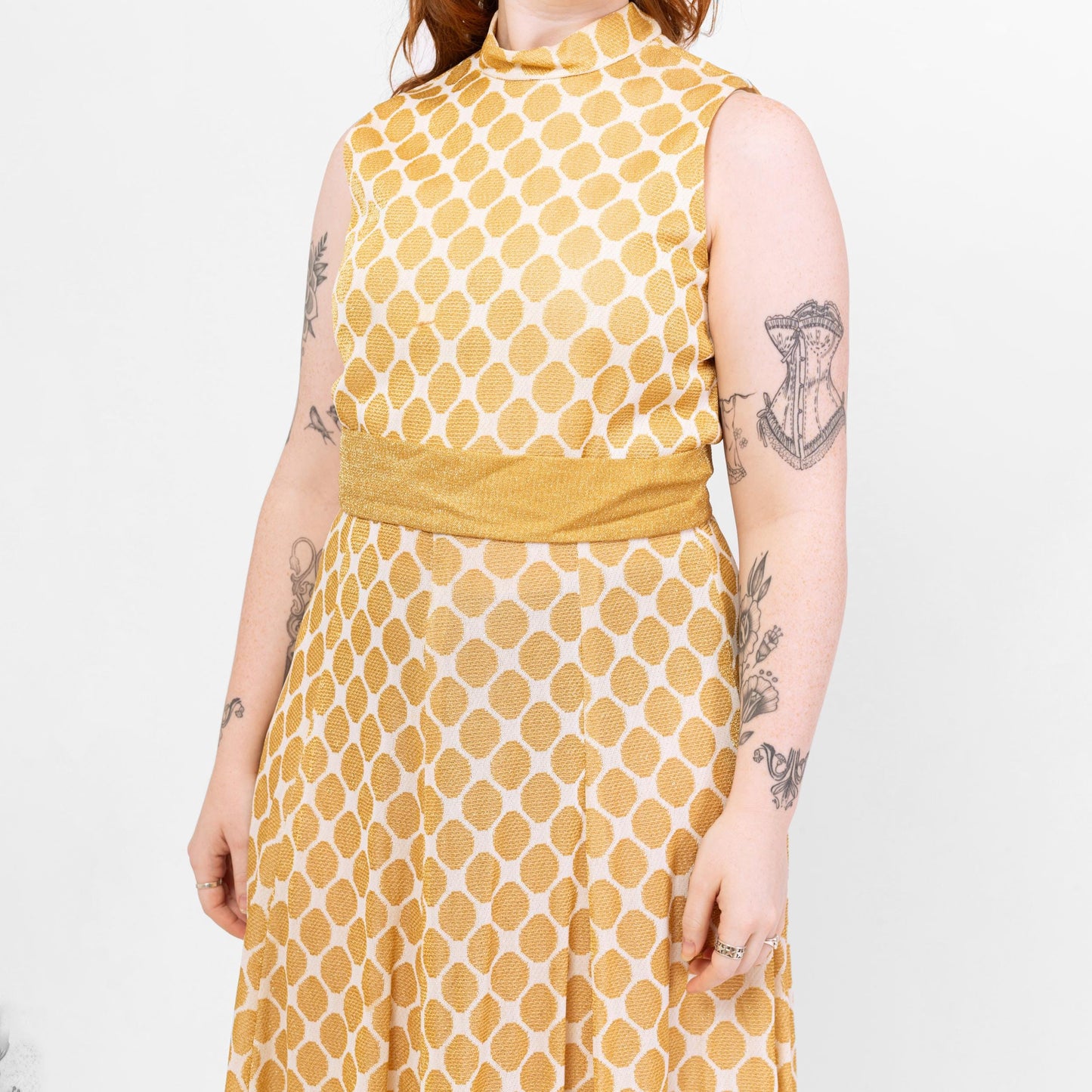 Vintage 70s Gold Honeycomb Lurex Knit Maxi Dress - Large | Futura Couture Sleeveless Metallic Formal Disco Gown