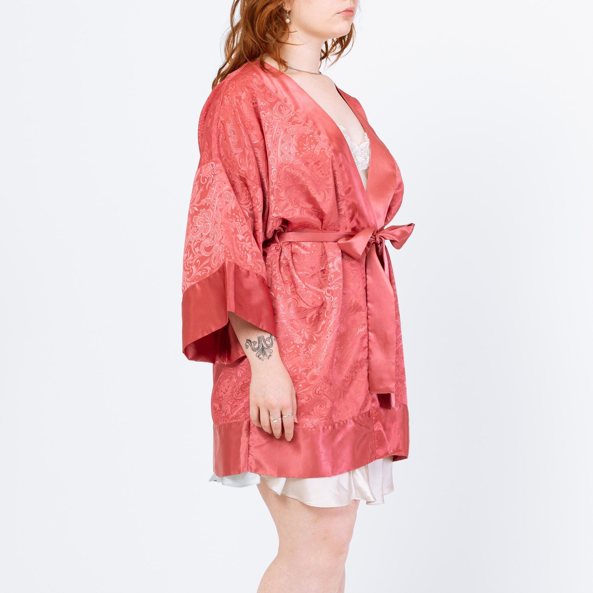 Vintage 90s Victoria's Secret Rose Pink Jacquard Satin Robe - One Size | Boho Loungewear Belted Mini Kimono
