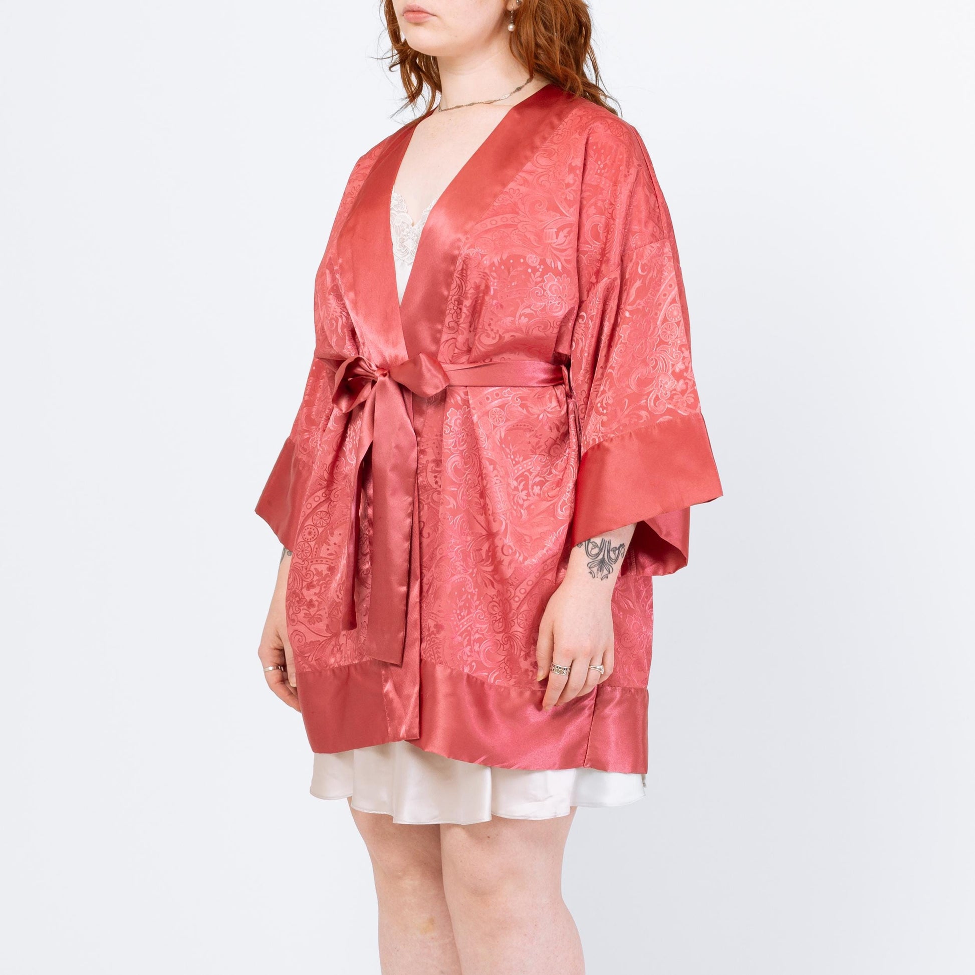 Vintage 90s Victoria's Secret Rose Pink Jacquard Satin Robe - One Size | Boho Loungewear Belted Mini Kimono