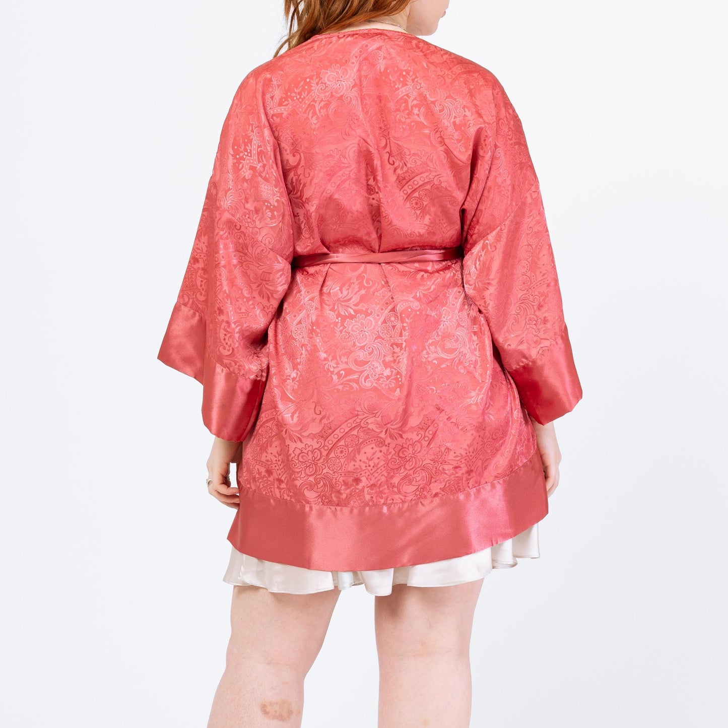 Vintage 90s Victoria's Secret Rose Pink Jacquard Satin Robe - One Size | Boho Loungewear Belted Mini Kimono