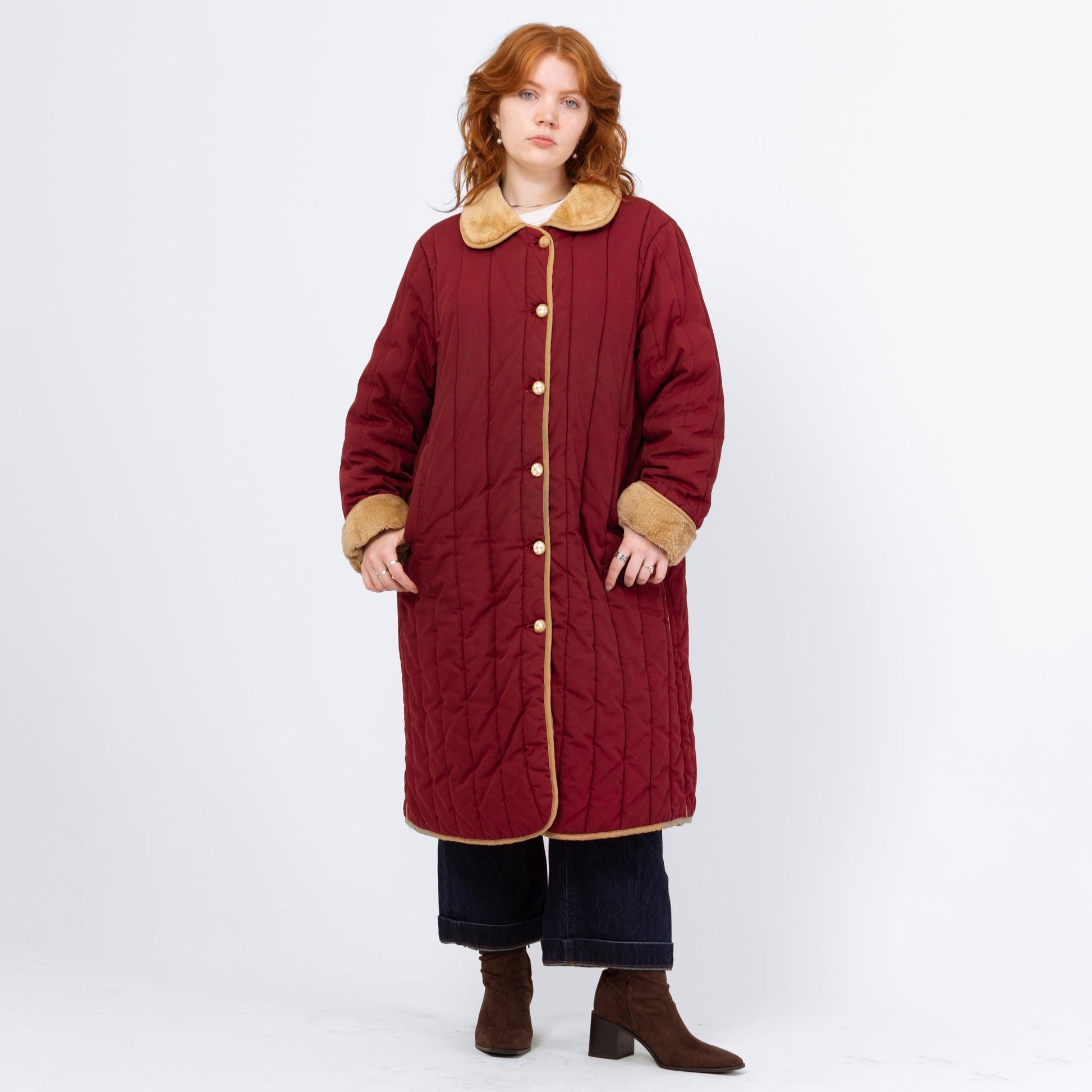 Vintage 70s 80s Wine Red Quilted Puffer Maxi Coat - 2X | Retro Plush Collar Long Duster Winter Jacket