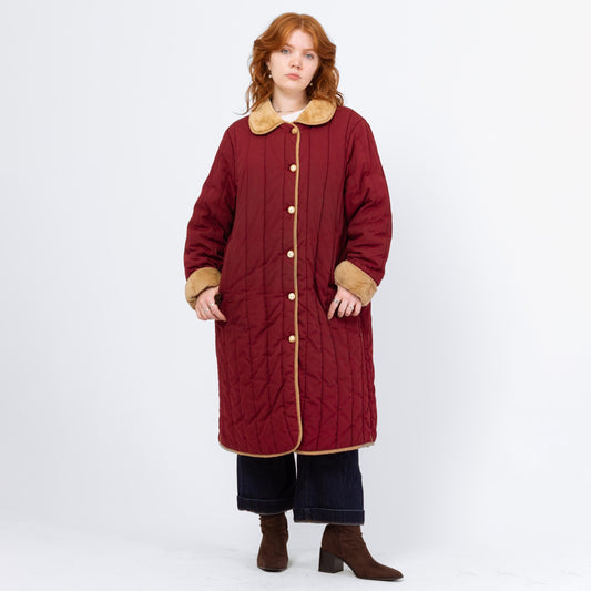 Vintage 70s 80s Wine Red Quilted Puffer Maxi Coat - 2X | Retro Plush Collar Long Duster Winter Jacket