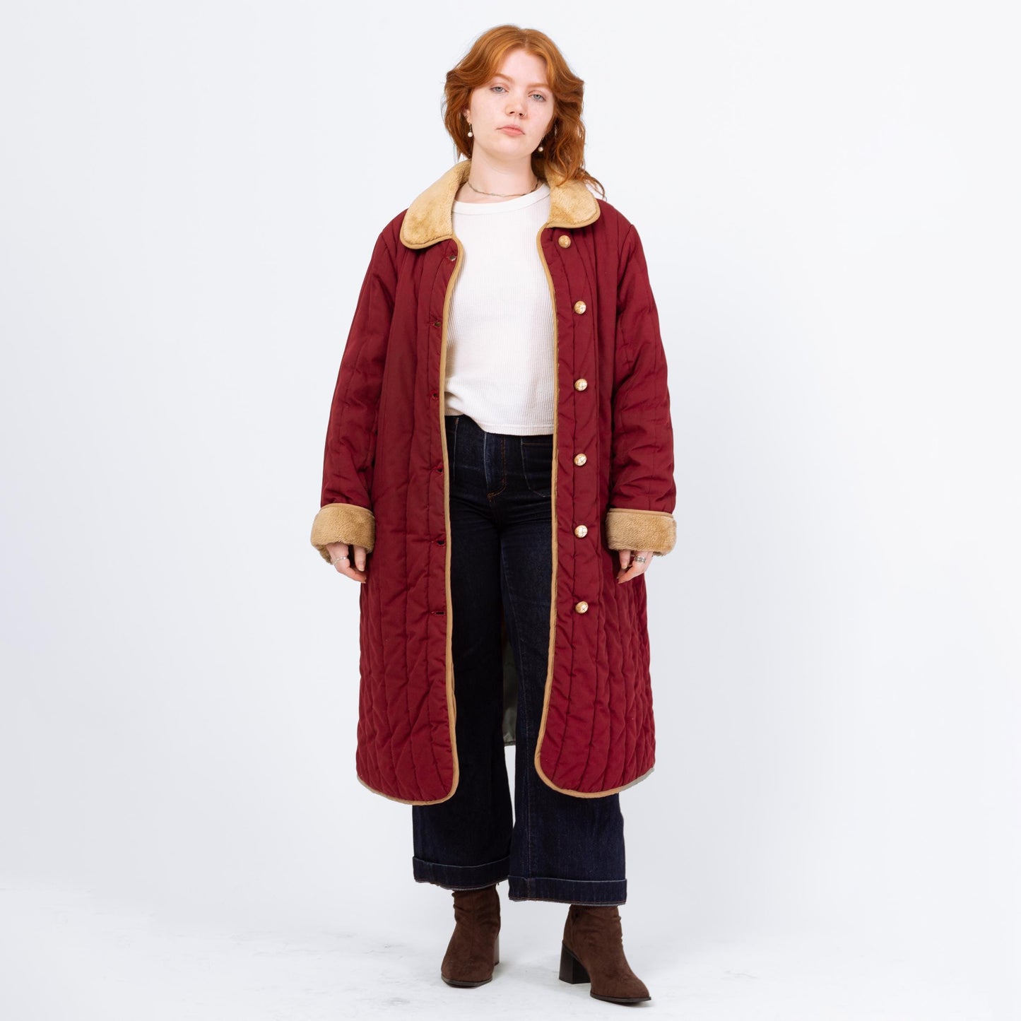 Vintage 70s 80s Wine Red Quilted Puffer Maxi Coat - 2X | Retro Plush Collar Long Duster Winter Jacket