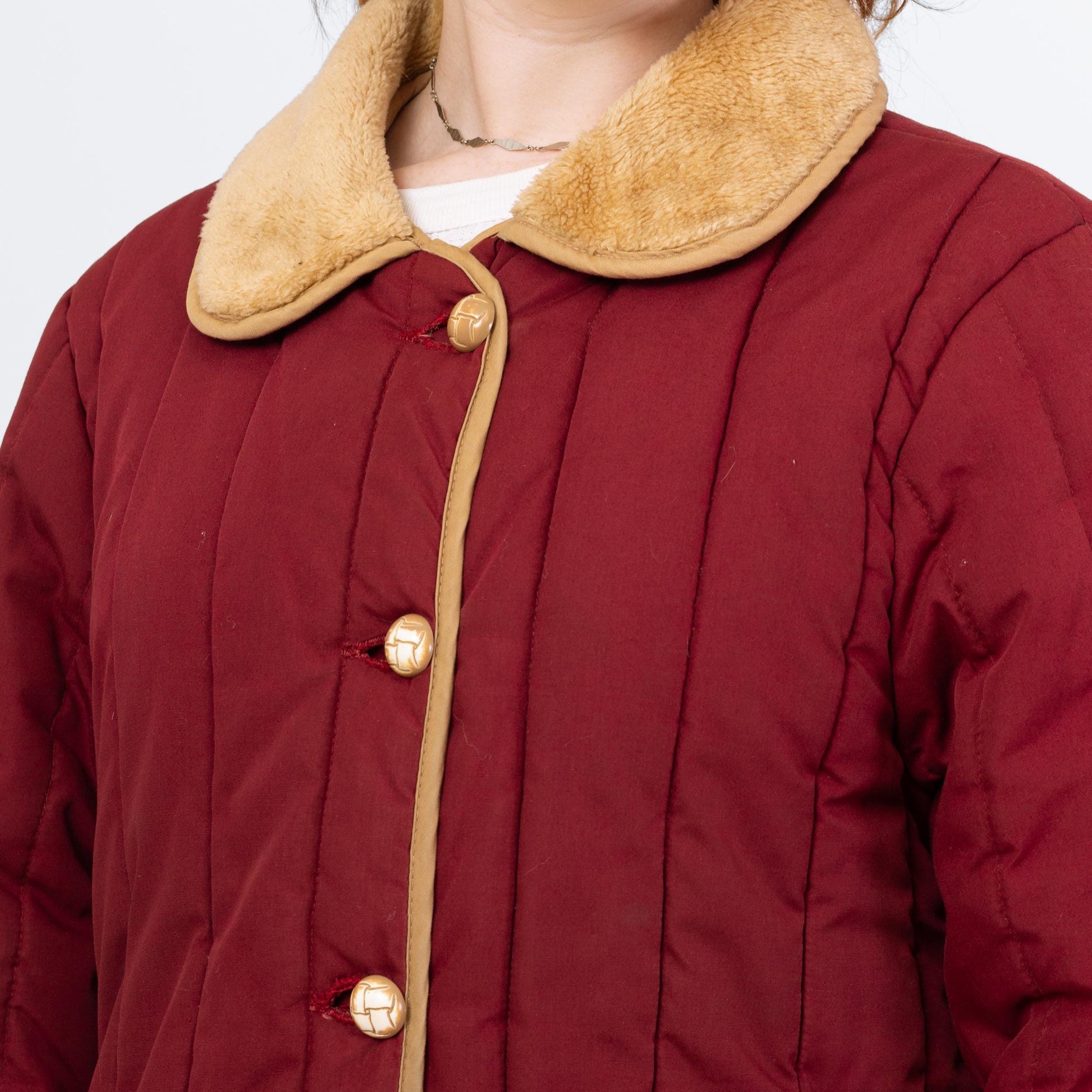 Vintage 70s 80s Wine Red Quilted Puffer Maxi Coat - 2X | Retro Plush Collar Long Duster Winter Jacket