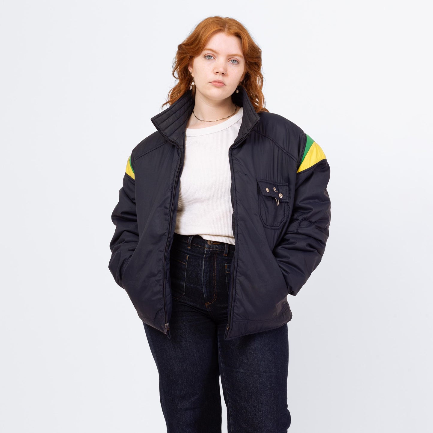 Vintage 70s 80s Roffe Down Feather Puffer Ski Jacket - Large | Distressed Navy Blue Primary Color Block Puffy Winter Coat