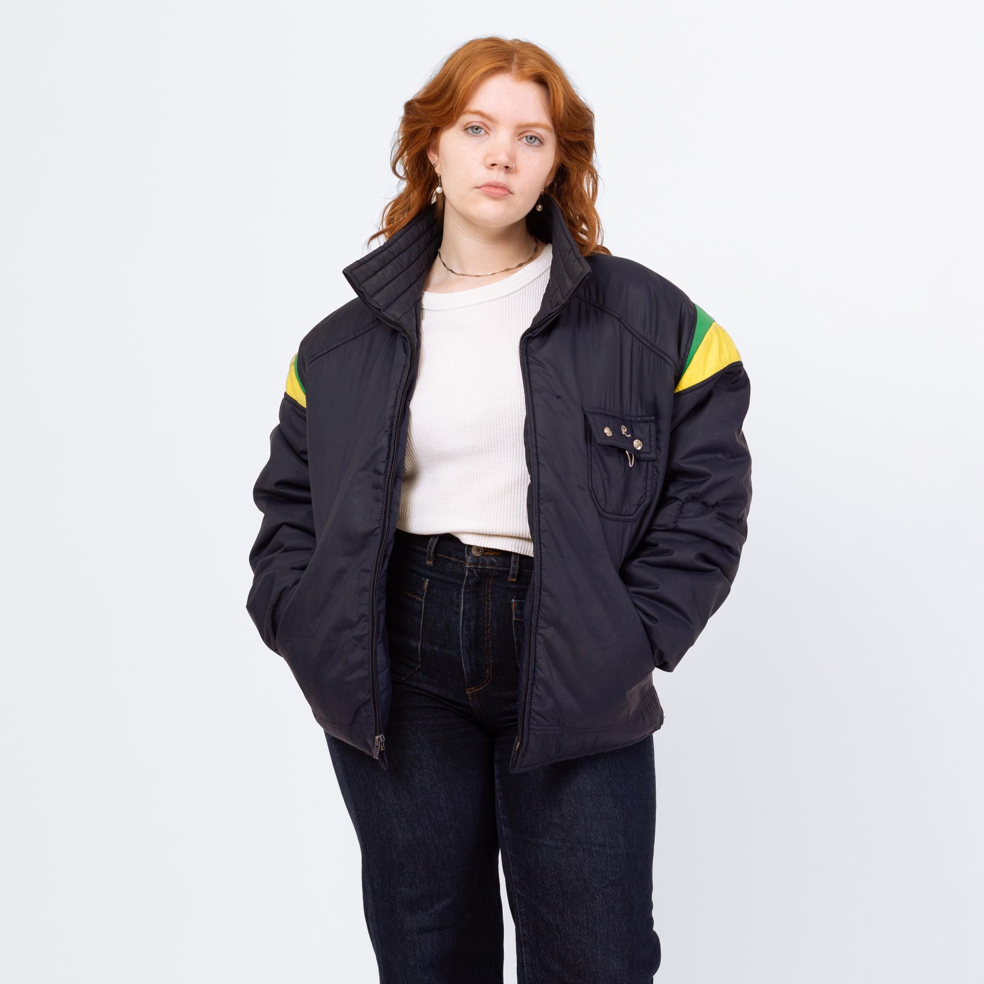 Vintage 70s 80s Roffe Down Feather Puffer Ski Jacket - Large | Distressed Navy Blue Primary Color Block Puffy Winter Coat