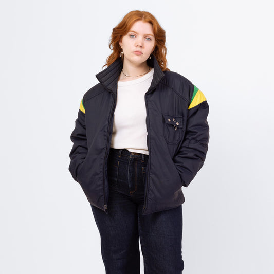 Vintage 70s 80s Roffe Down Feather Puffer Ski Jacket - Large | Distressed Navy Blue Primary Color Block Puffy Winter Coat