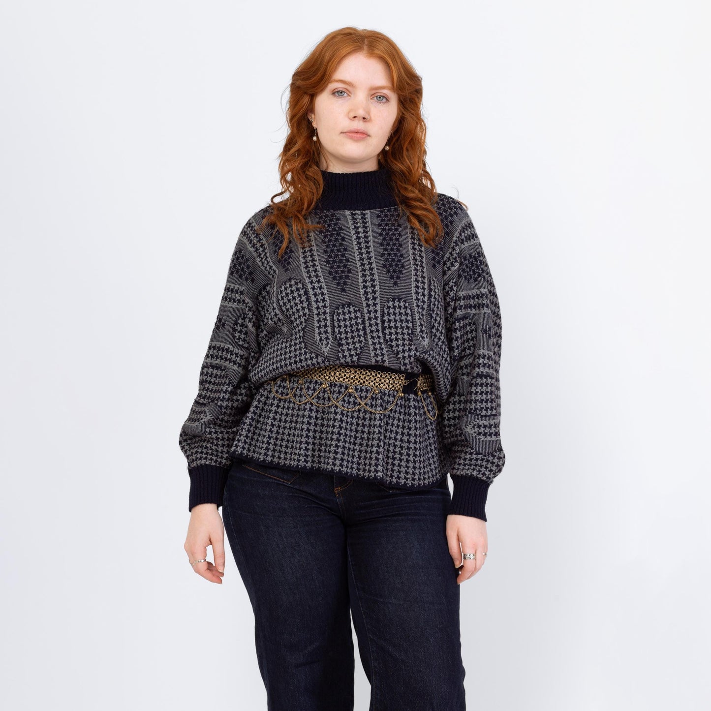 Vintage 80s Chain Mail Knit Batwing Sleeve Novelty Sweater - Extra Large | Navy Blue Grey Houndstooth Fitted Waist Pullover Jumper