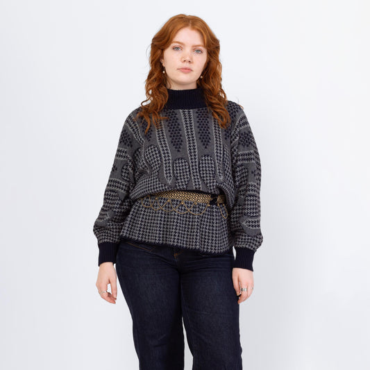Vintage 80s Chain Mail Knit Batwing Sleeve Novelty Sweater - Extra Large | Navy Blue Grey Houndstooth Fitted Waist Pullover Jumper