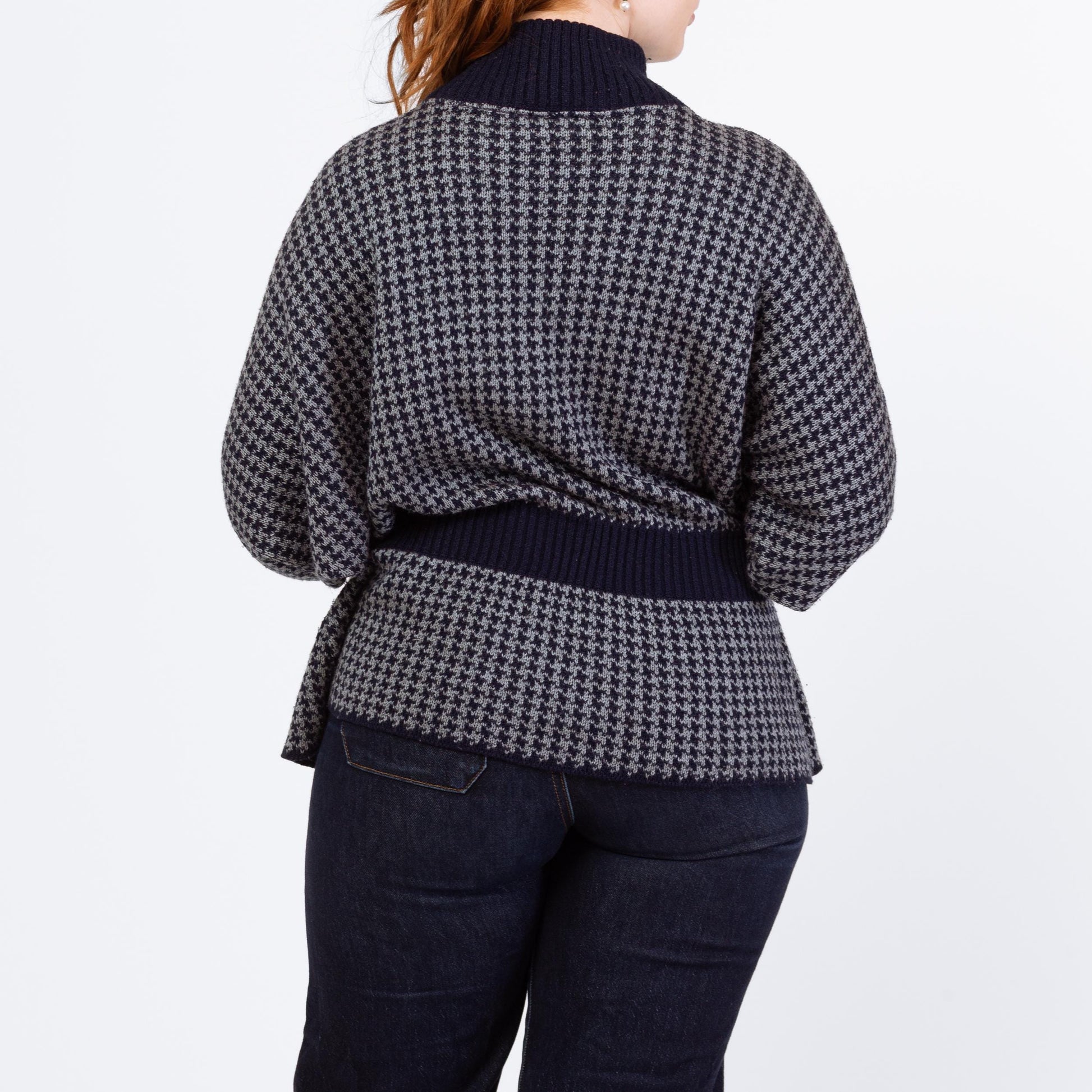 Vintage 80s Chain Mail Knit Batwing Sleeve Novelty Sweater - Extra Large | Navy Blue Grey Houndstooth Fitted Waist Pullover Jumper