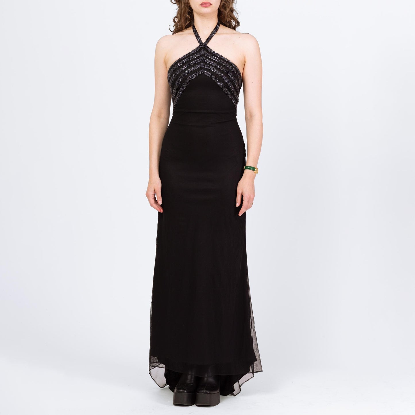 Vintage 90s Cache Black Beaded Deco Evening Gown - Small | Gothic Formal Mesh Bodycon Halter Maxi Dress