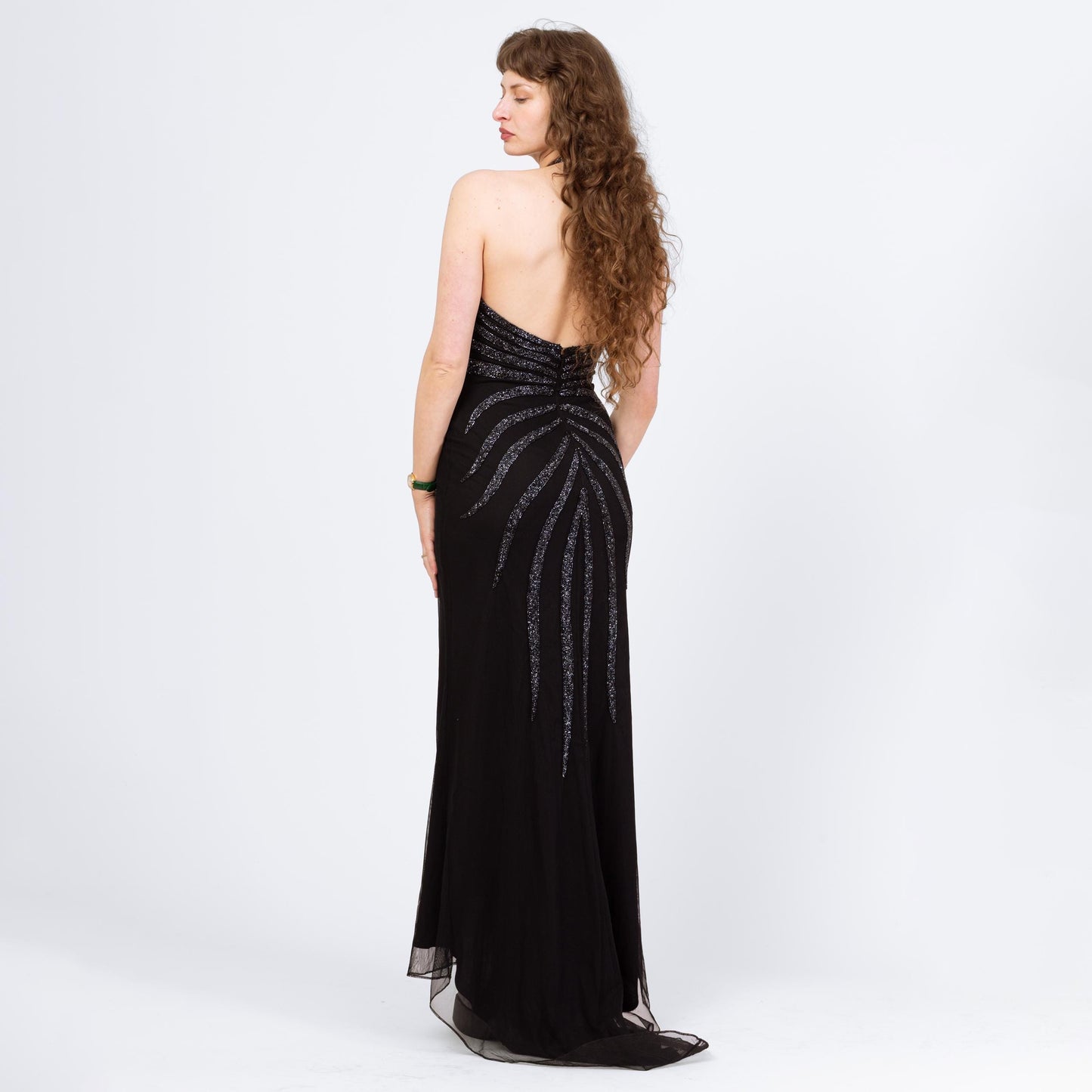 Vintage 90s Cache Black Beaded Deco Evening Gown - Small | Gothic Formal Mesh Bodycon Halter Maxi Dress