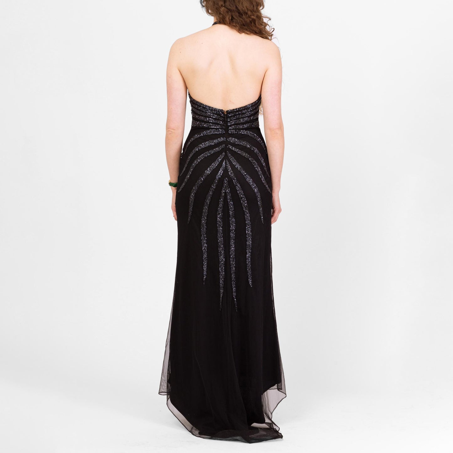 Vintage 90s Cache Black Beaded Deco Evening Gown - Small | Gothic Formal Mesh Bodycon Halter Maxi Dress