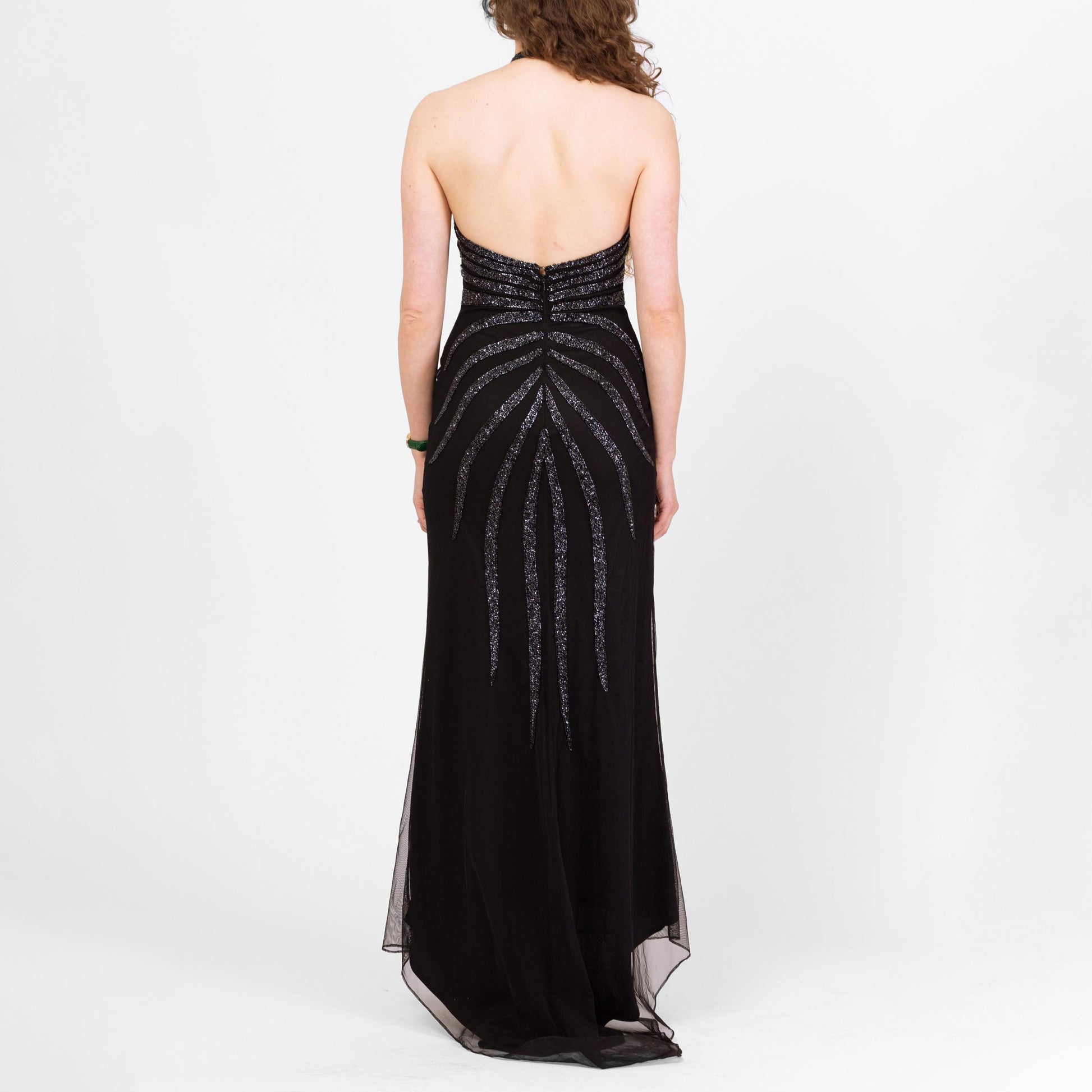 Vintage 90s Cache Black Beaded Deco Evening Gown - Small | Gothic Formal Mesh Bodycon Halter Maxi Dress