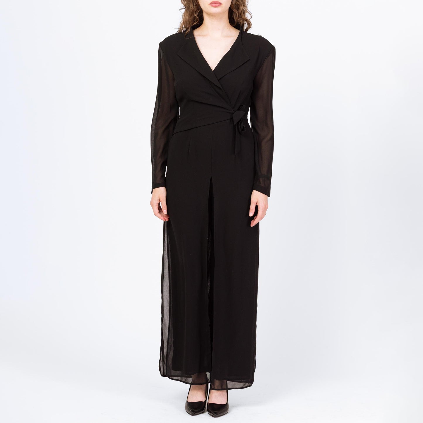 Vintage 80s Black Sheer Illusion Jumpsuit - Small to Medium | Long Sleeve Collared Formal Wrap Pantsuit