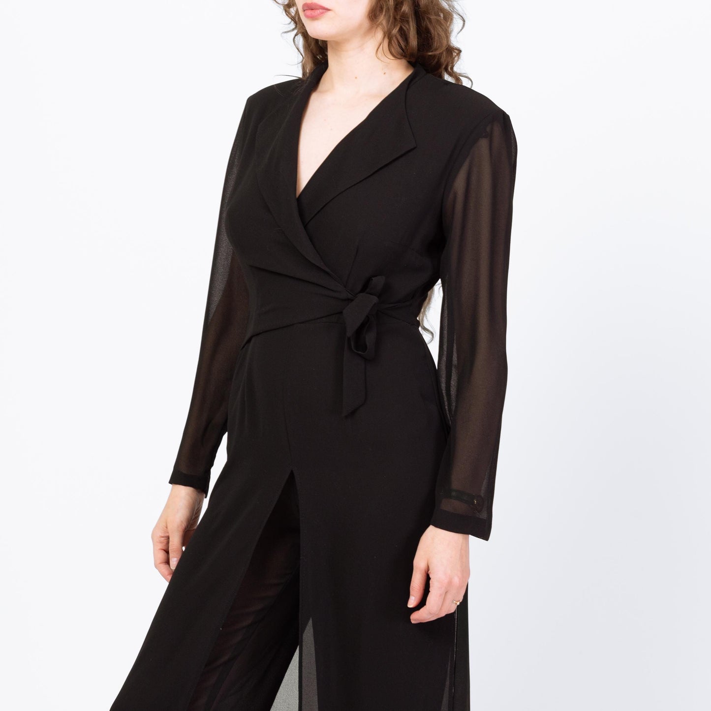 Vintage 80s Black Sheer Illusion Jumpsuit - Small to Medium | Long Sleeve Collared Formal Wrap Pantsuit