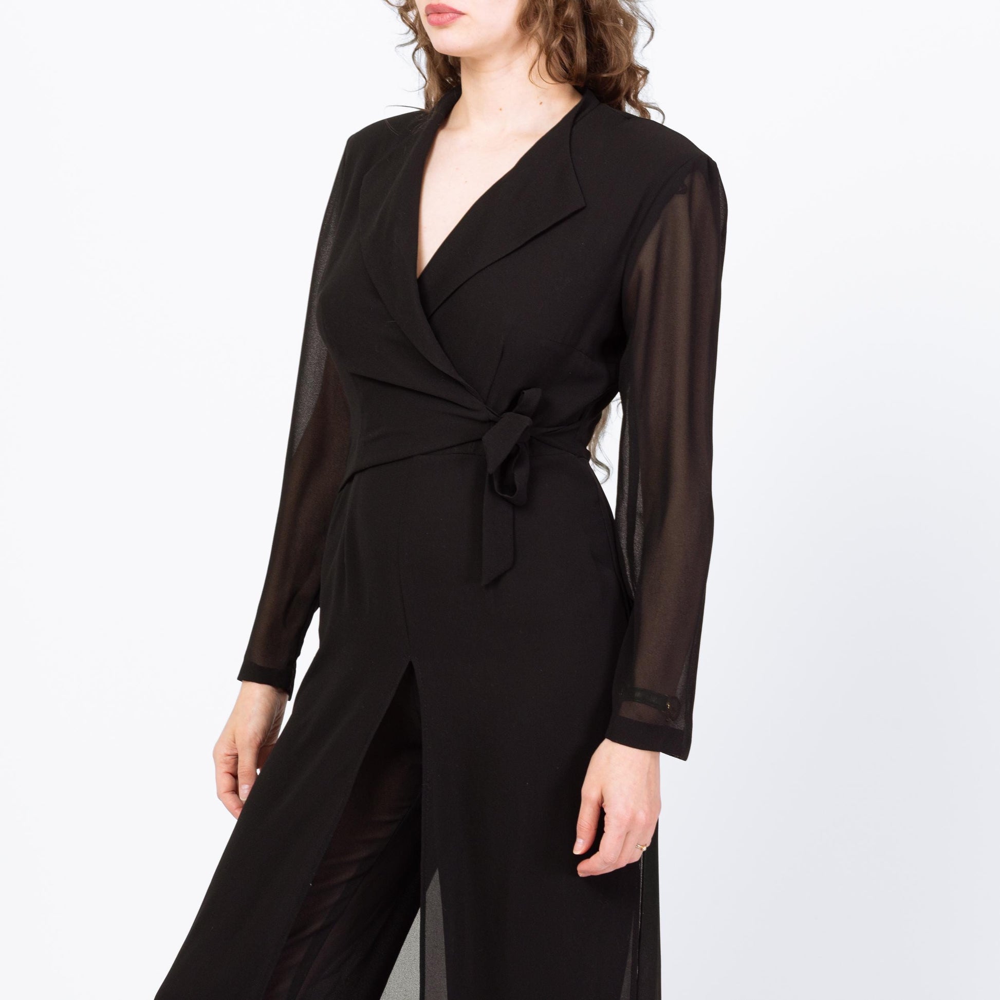 Vintage 80s Black Sheer Illusion Jumpsuit - Small to Medium | Long Sleeve Collared Formal Wrap Pantsuit