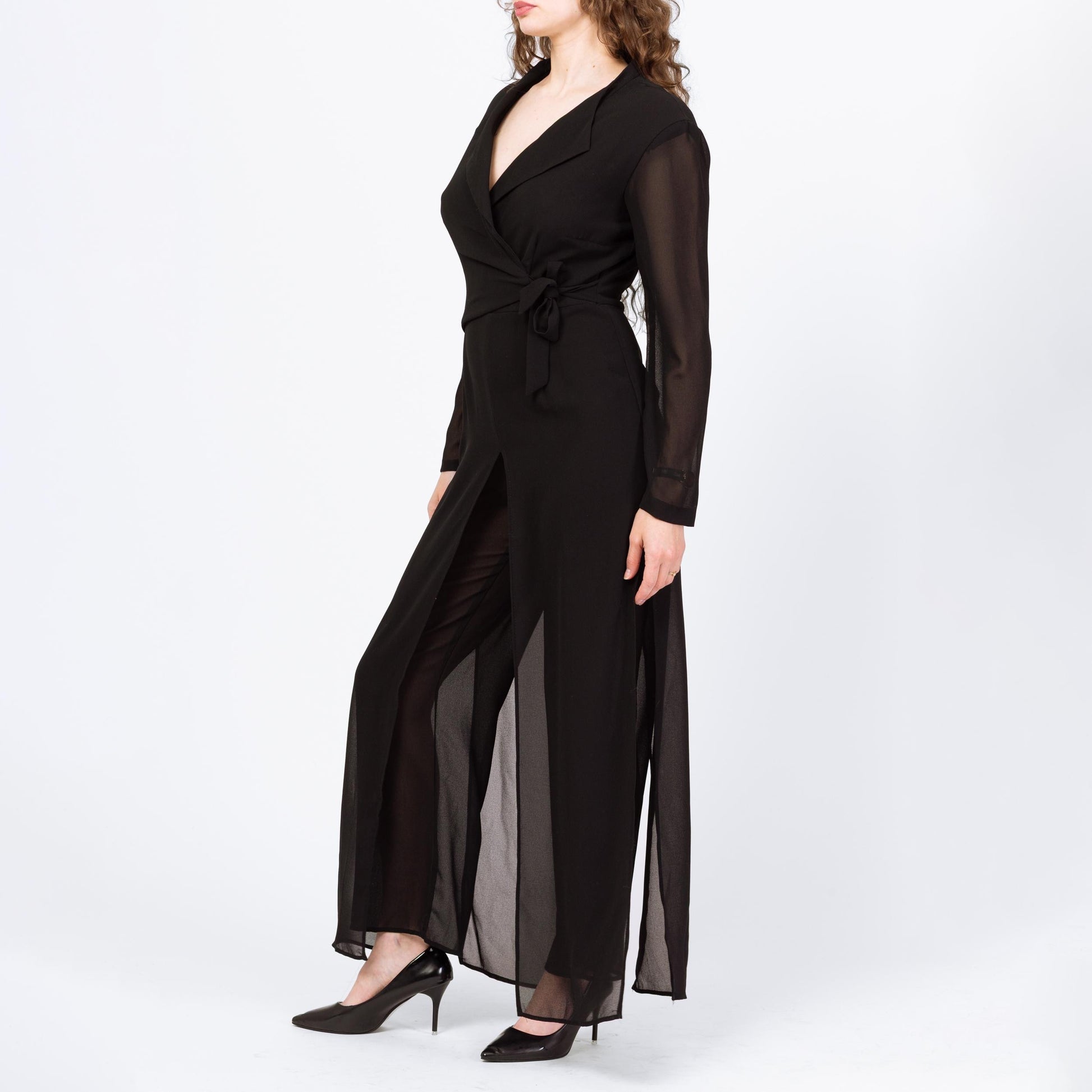 Vintage 80s Black Sheer Illusion Jumpsuit - Small to Medium | Long Sleeve Collared Formal Wrap Pantsuit