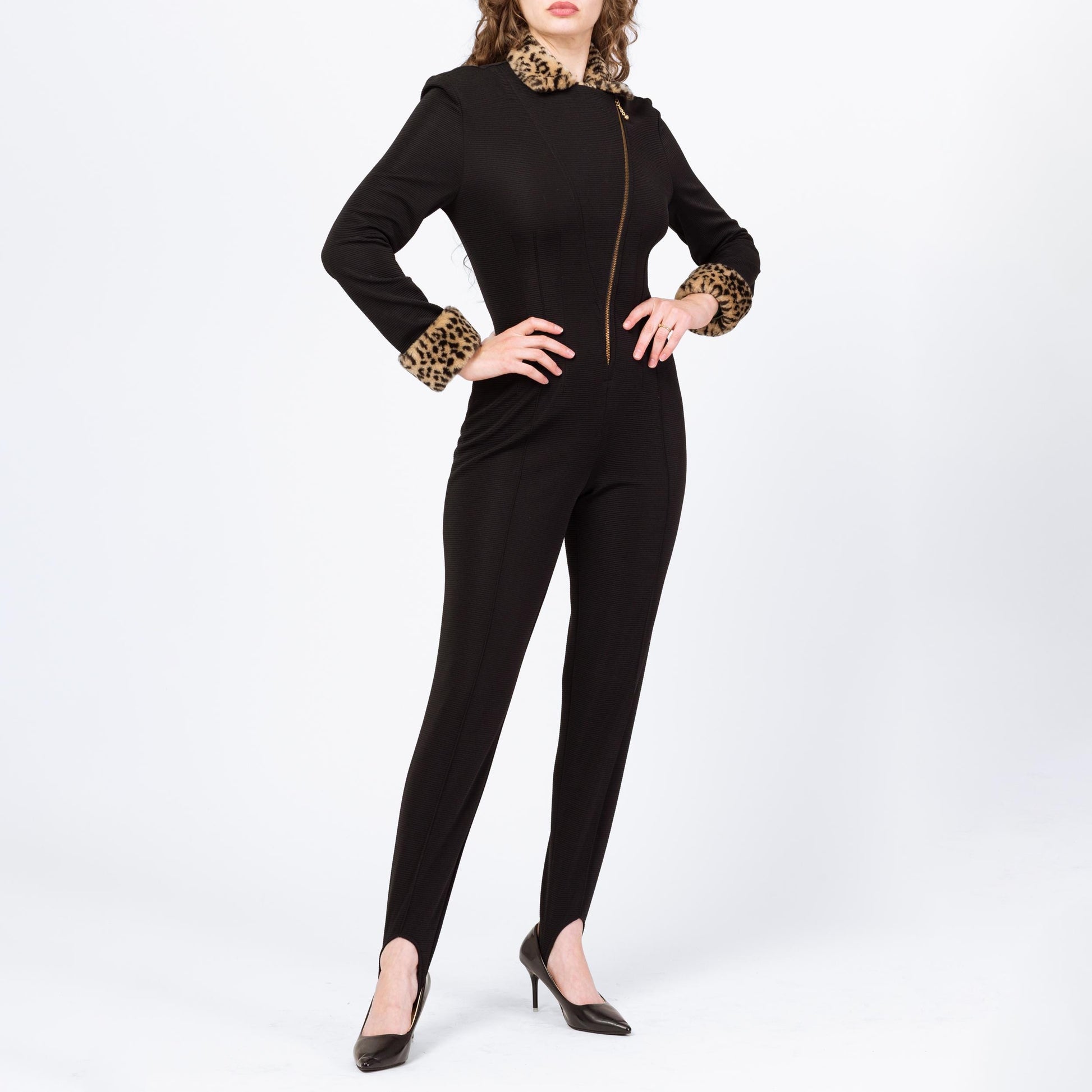 Vintage 80s Black Cheetah Fur Trim Catsuit - Medium | Joseph Ribkoff Formal Long Sleeve Stirrup Jumpsuit