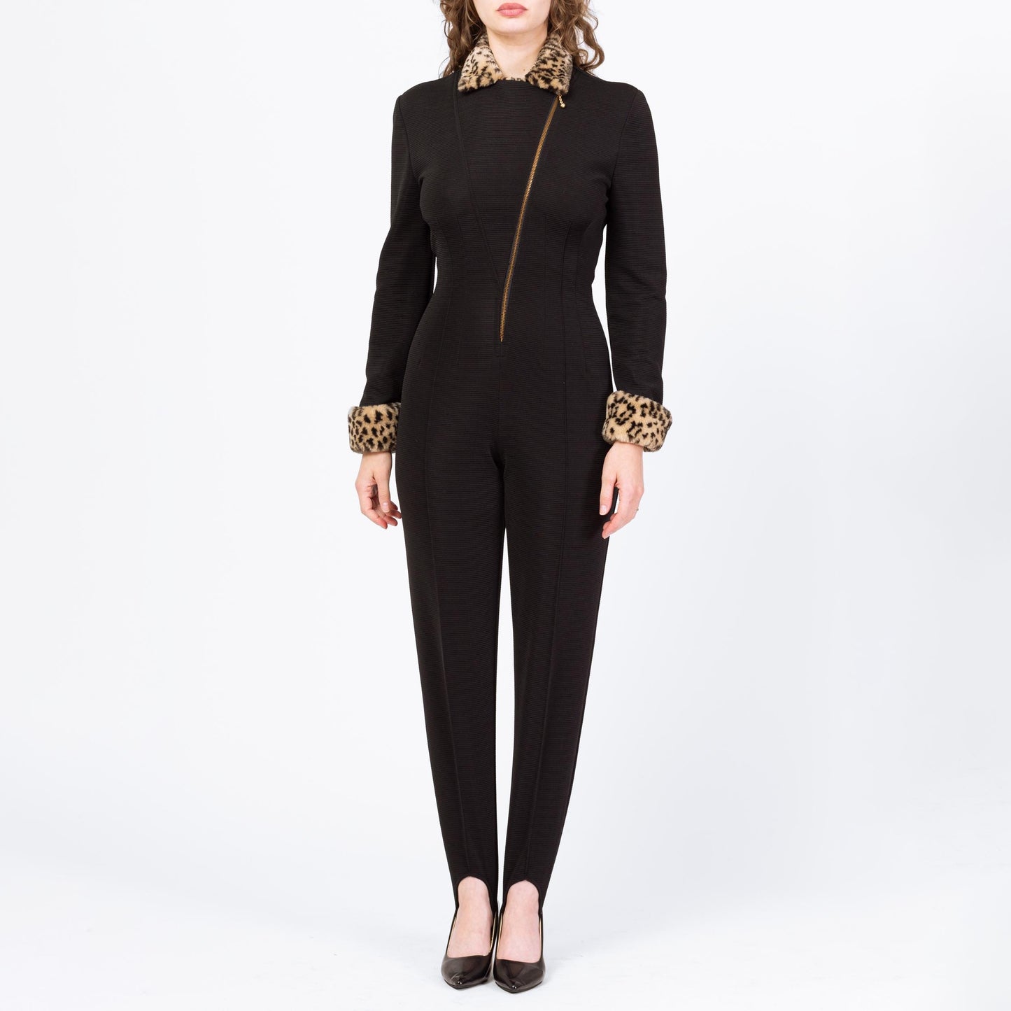 Vintage 80s Black Cheetah Fur Trim Catsuit - Medium | Joseph Ribkoff Formal Long Sleeve Stirrup Jumpsuit