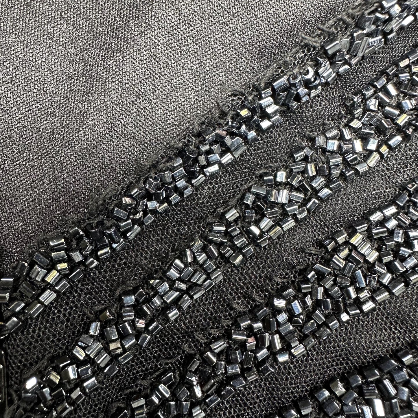 Vintage 90s Cache Black Beaded Deco Evening Gown - Small | Gothic Formal Mesh Bodycon Halter Maxi Dress