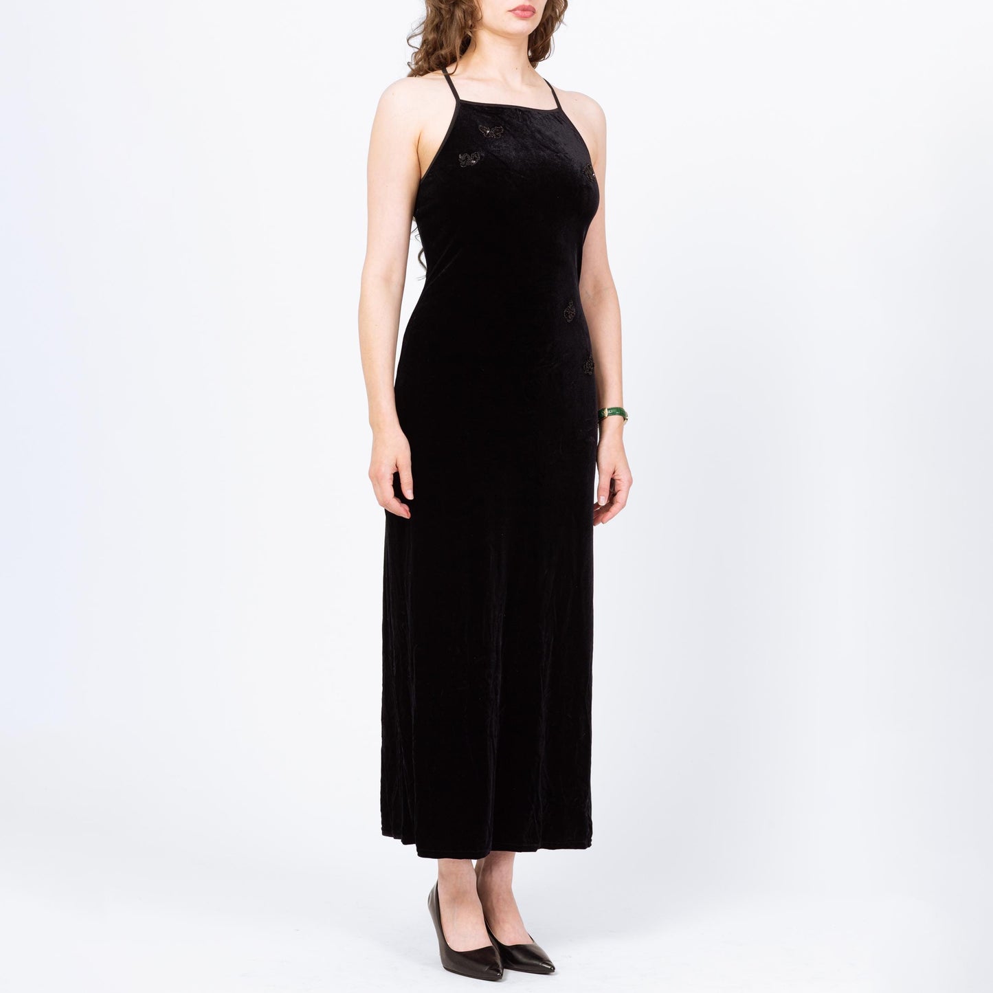 Vintage 90s Beaded Butterfly Black Velvet Maxi Dress - Medium | Sleeveless Criss Cross Strappy Back Formal Party Dress