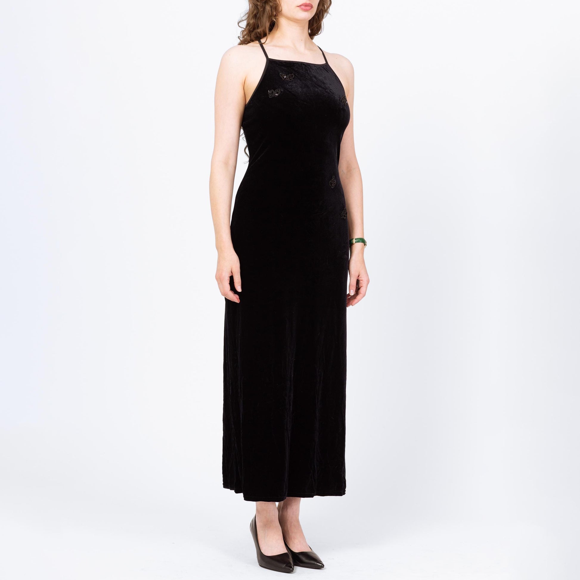 Vintage 90s Beaded Butterfly Black Velvet Maxi Dress - Medium | Sleeveless Criss Cross Strappy Back Formal Party Dress