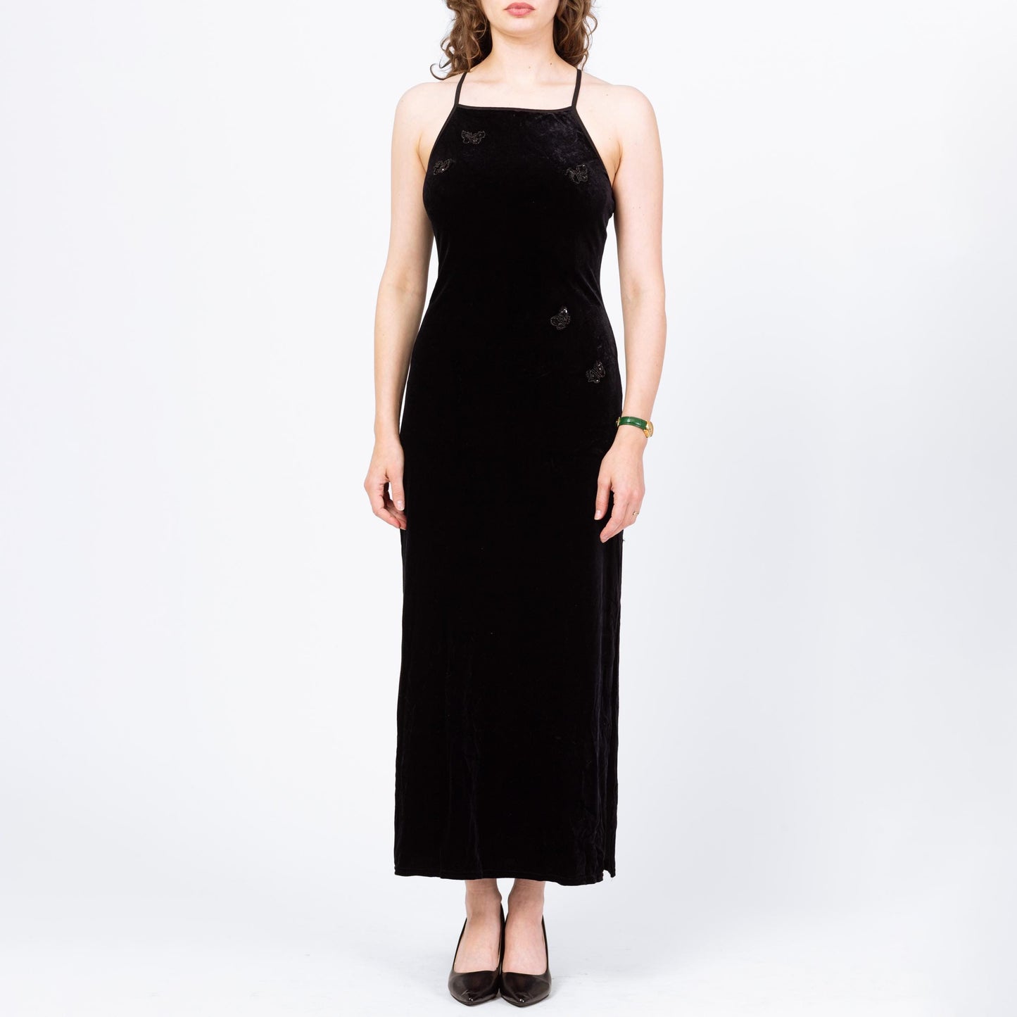 Vintage 90s Beaded Butterfly Black Velvet Maxi Dress - Medium | Sleeveless Criss Cross Strappy Back Formal Party Dress