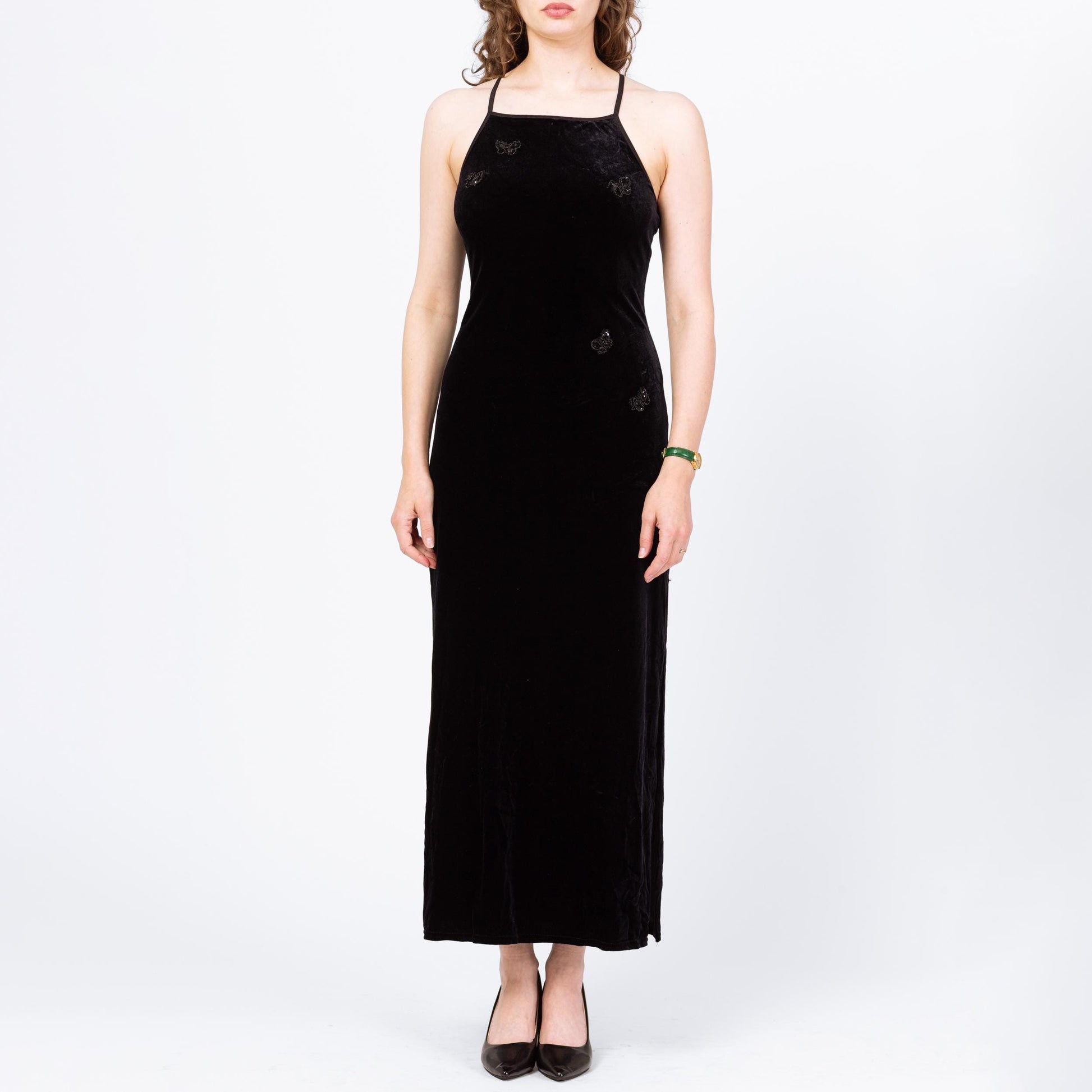 Vintage 90s Beaded Butterfly Black Velvet Maxi Dress - Medium | Sleeveless Criss Cross Strappy Back Formal Party Dress