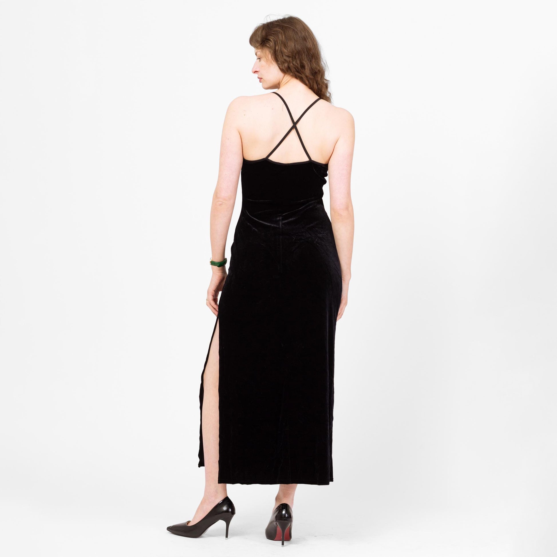 Vintage 90s Beaded Butterfly Black Velvet Maxi Dress - Medium | Sleeveless Criss Cross Strappy Back Formal Party Dress