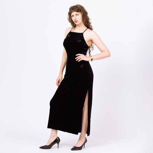 Vintage 90s Beaded Butterfly Black Velvet Maxi Dress - Medium | Sleeveless Criss Cross Strappy Back Formal Party Dress