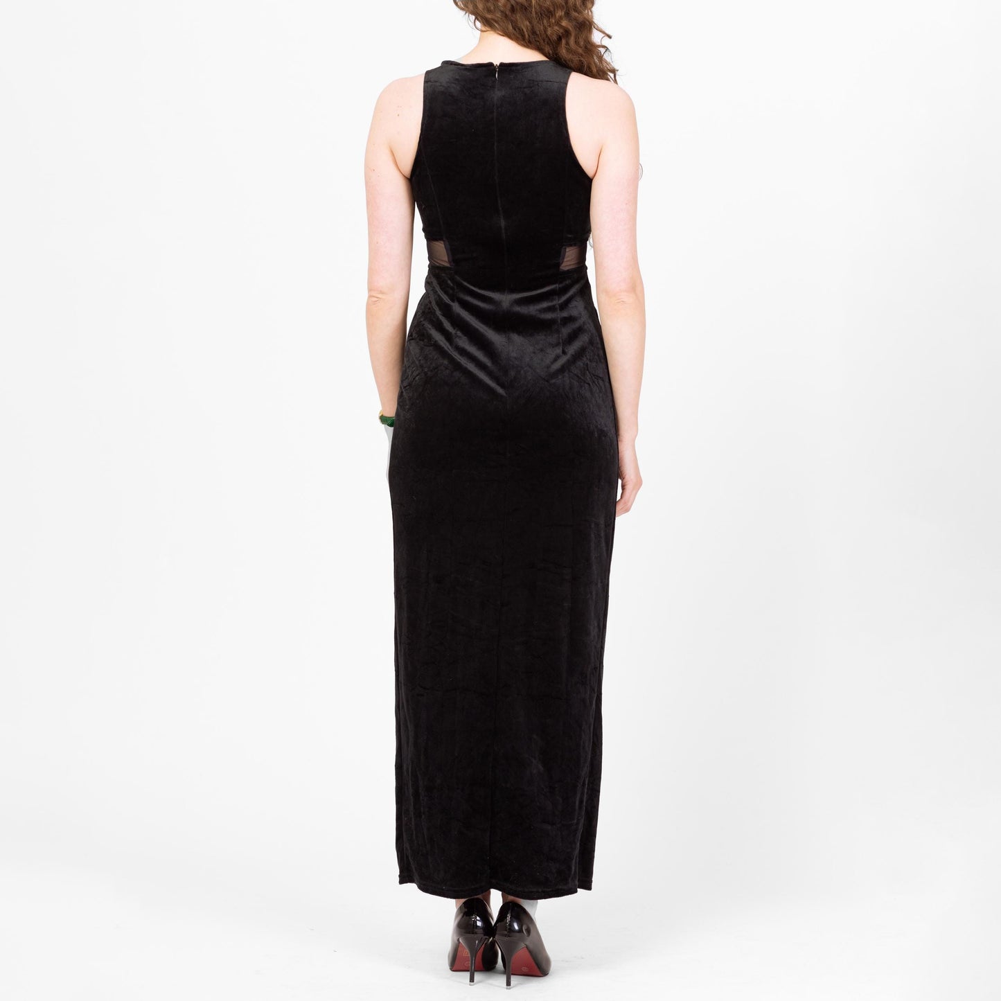 Vintage 90s Black Velvet Sheer Cut Out Waist Maxi Dress - Medium | Rhinestone Trim Sleeveless Slinky Sexy Cocktail Party Dress