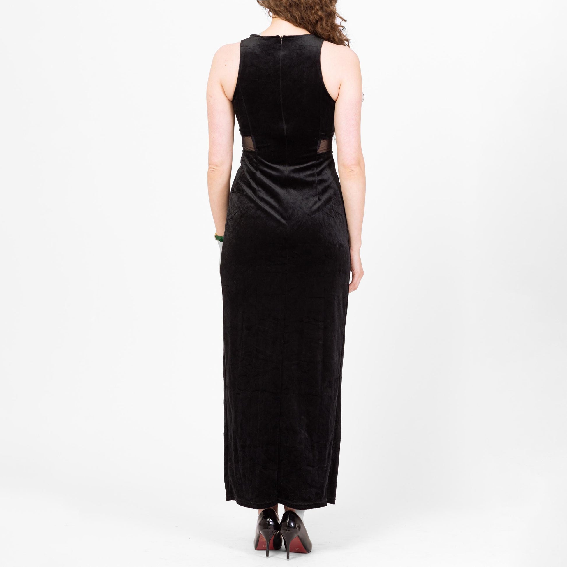 Vintage 90s Black Velvet Sheer Cut Out Waist Maxi Dress - Medium | Rhinestone Trim Sleeveless Slinky Sexy Cocktail Party Dress