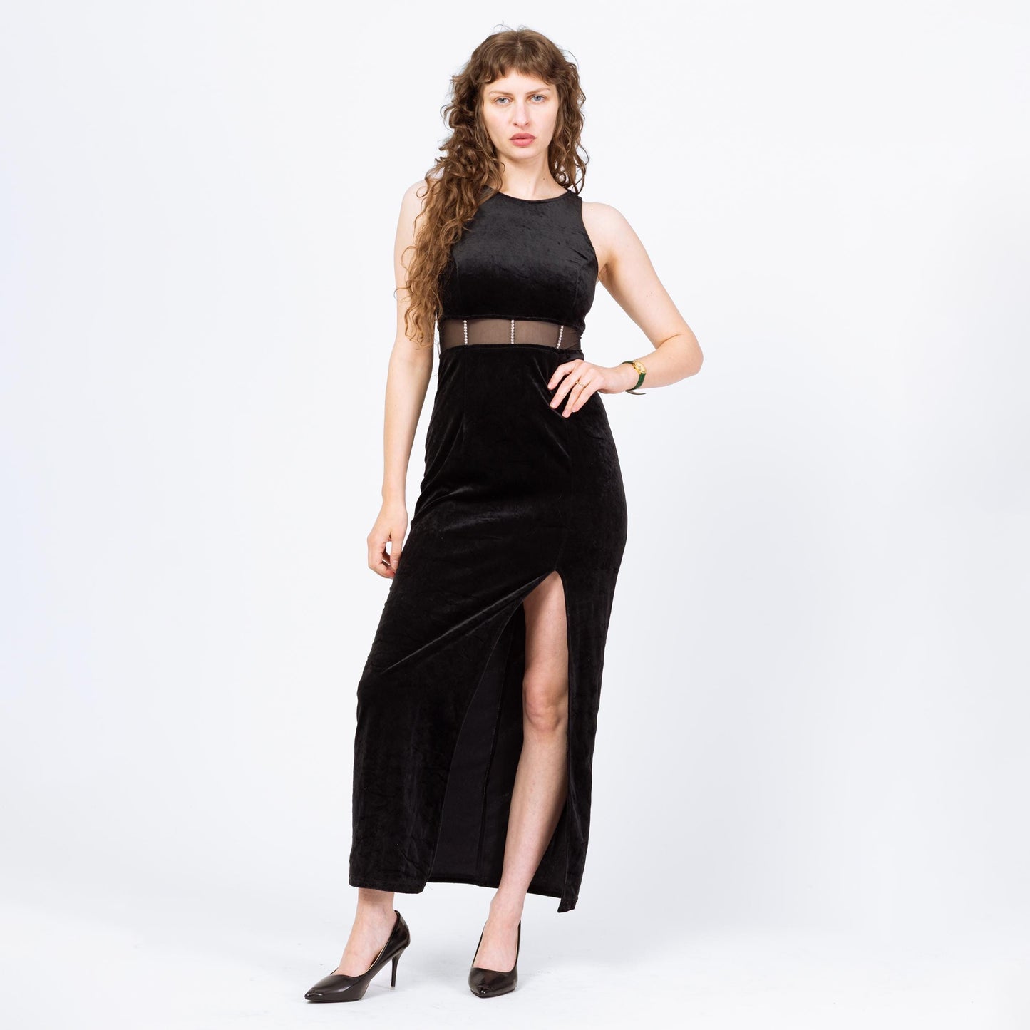Vintage 90s Black Velvet Sheer Cut Out Waist Maxi Dress - Medium | Rhinestone Trim Sleeveless Slinky Sexy Cocktail Party Dress