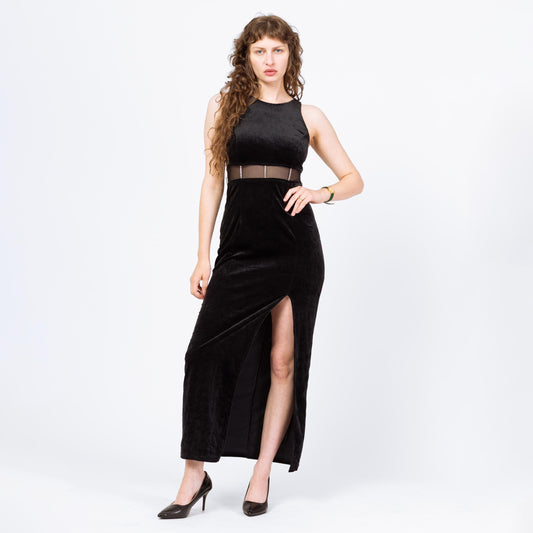 Vintage 90s Black Velvet Sheer Cut Out Waist Maxi Dress - Medium | Rhinestone Trim Sleeveless Slinky Sexy Cocktail Party Dress