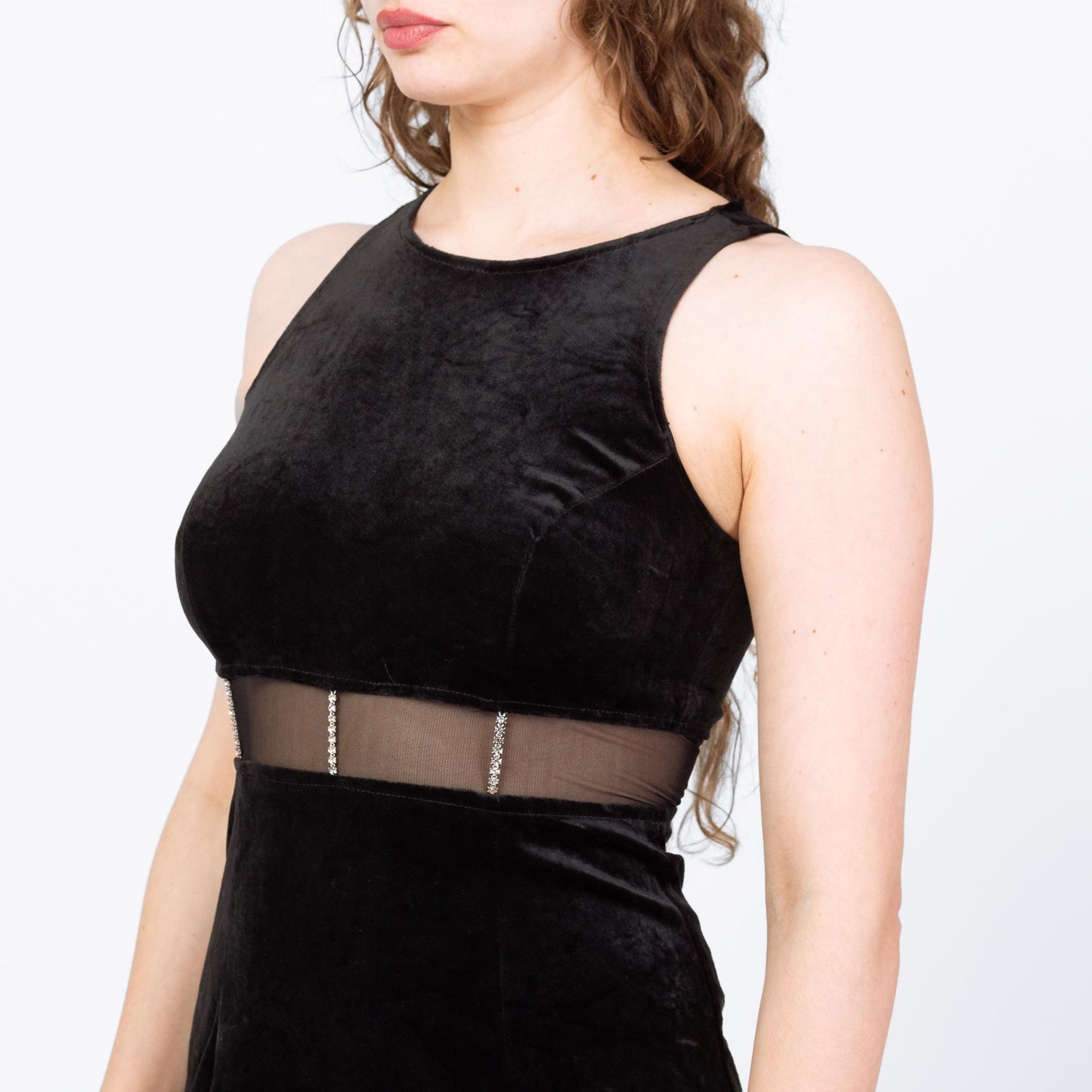 Vintage 90s Black Velvet Sheer Cut Out Waist Maxi Dress - Medium | Rhinestone Trim Sleeveless Slinky Sexy Cocktail Party Dress