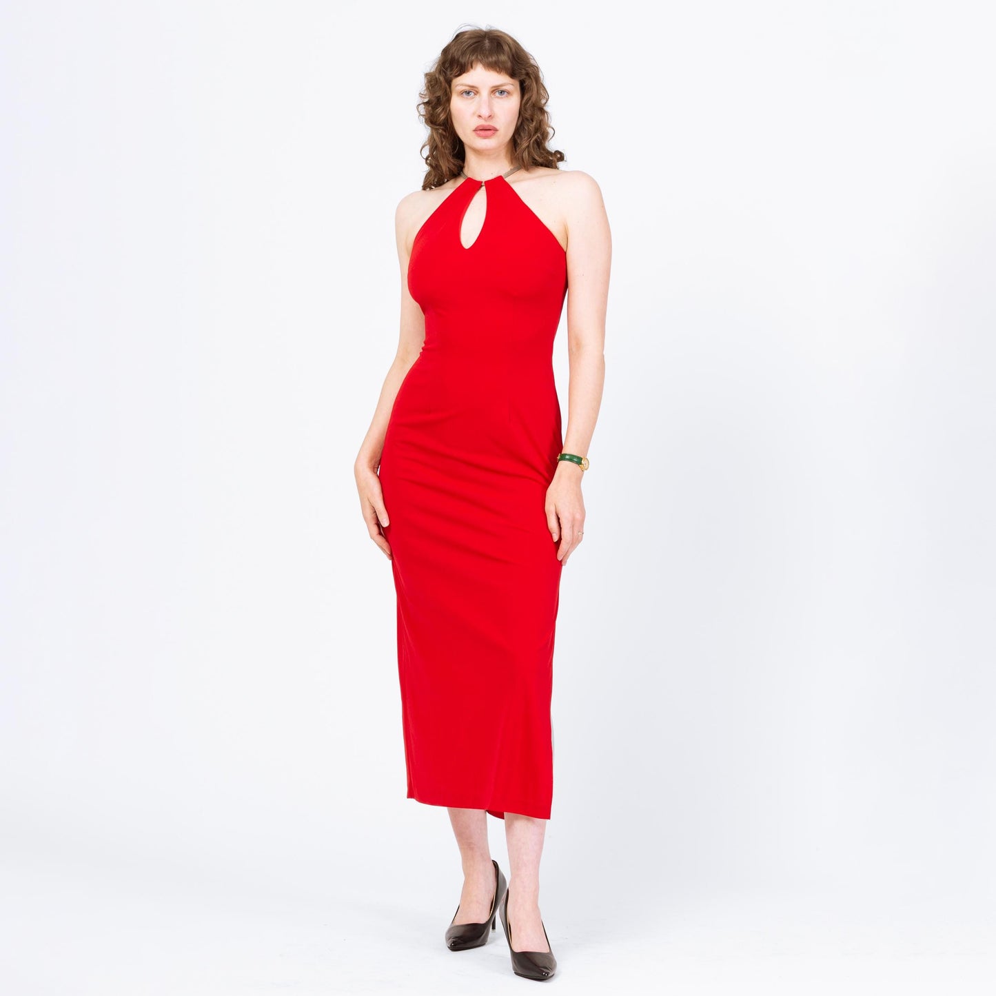 Vintage 90s Red Keyhole Chain Collar Maxi Dress - Small | Racerback Choker Neck Evening Gown, Sexy Formal Party Dress