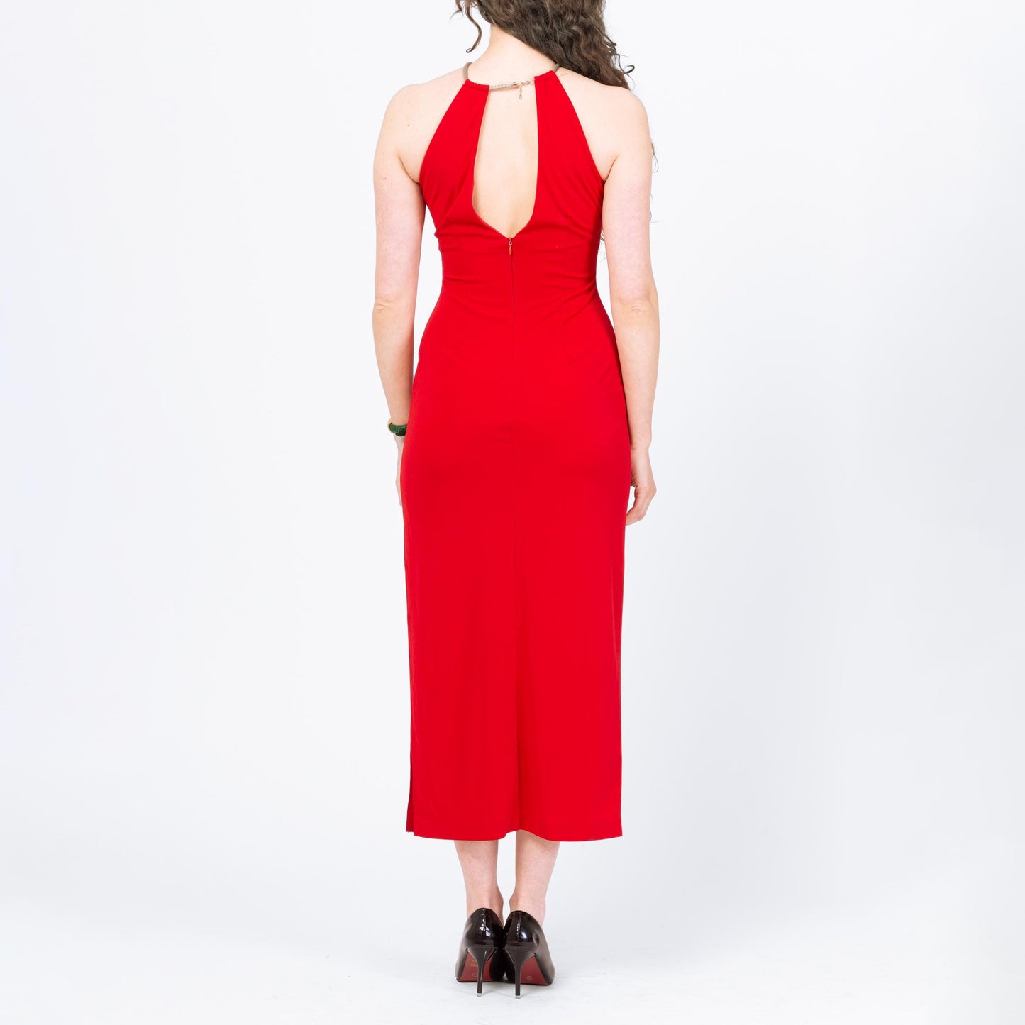 Vintage 90s Red Keyhole Chain Collar Maxi Dress - Small | Racerback Choker Neck Evening Gown, Sexy Formal Party Dress