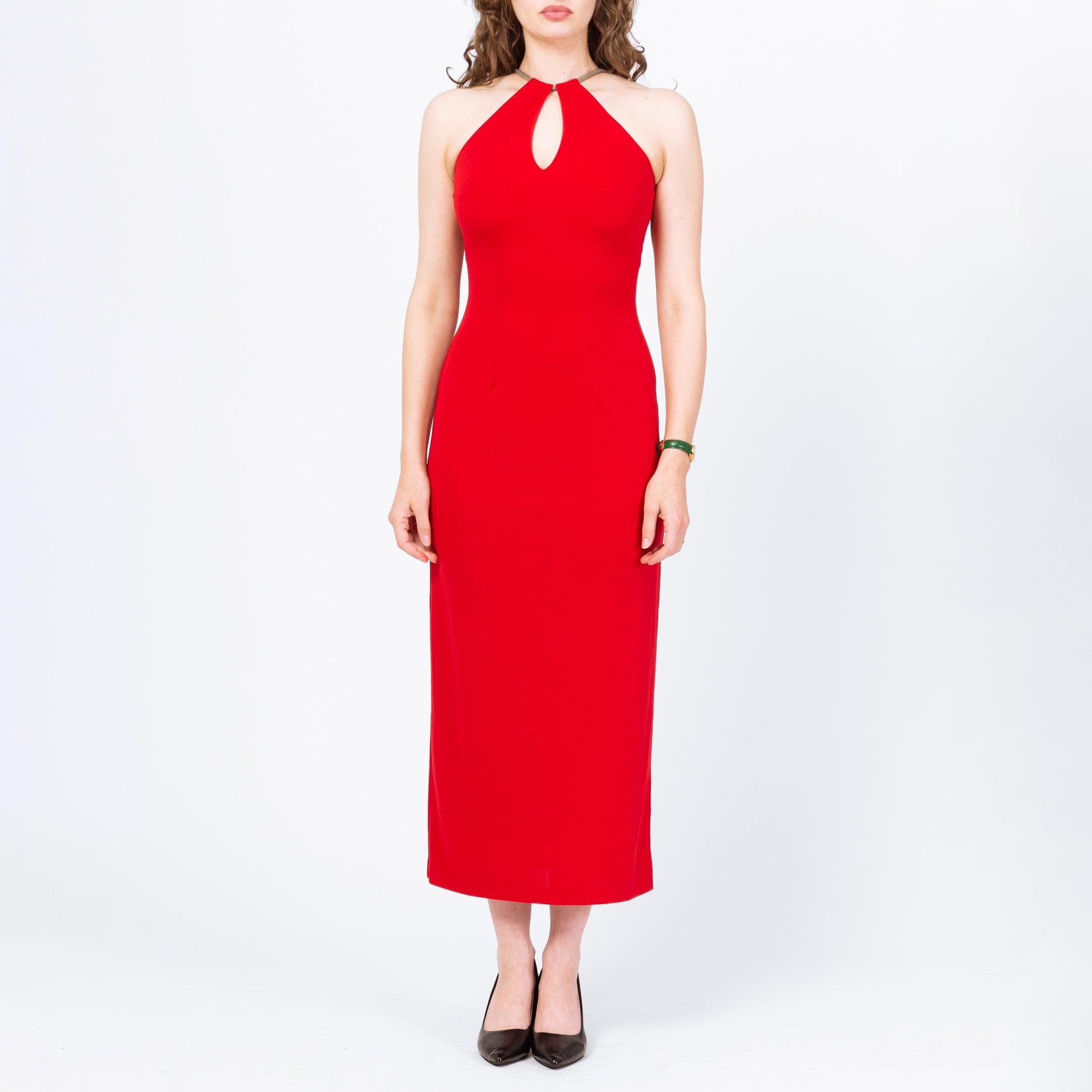 Vintage 90s Red Keyhole Chain Collar Maxi Dress - Small | Racerback Choker Neck Evening Gown, Sexy Formal Party Dress